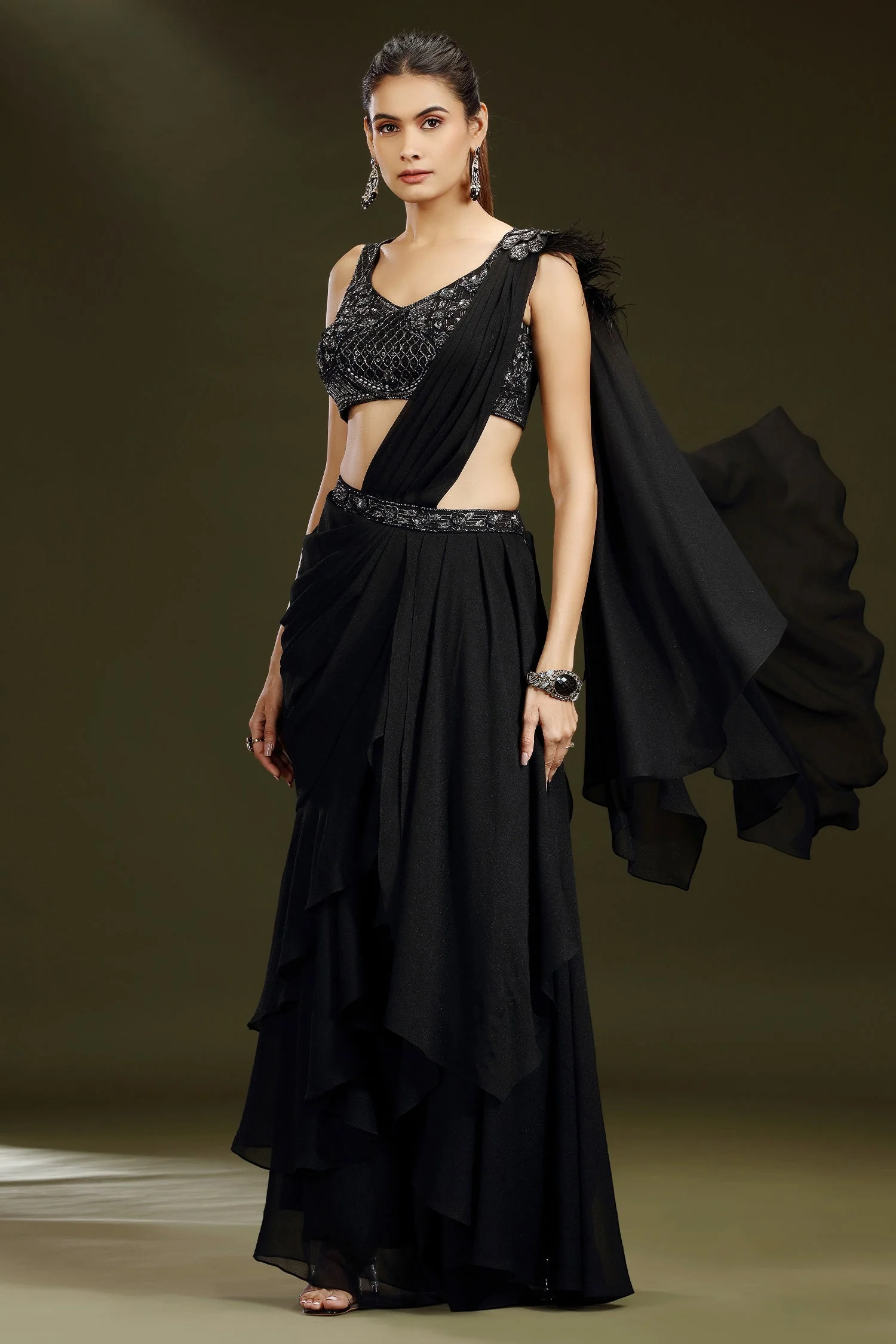 Black Georgette Shimmer Ready to Wear Saree - Image 3