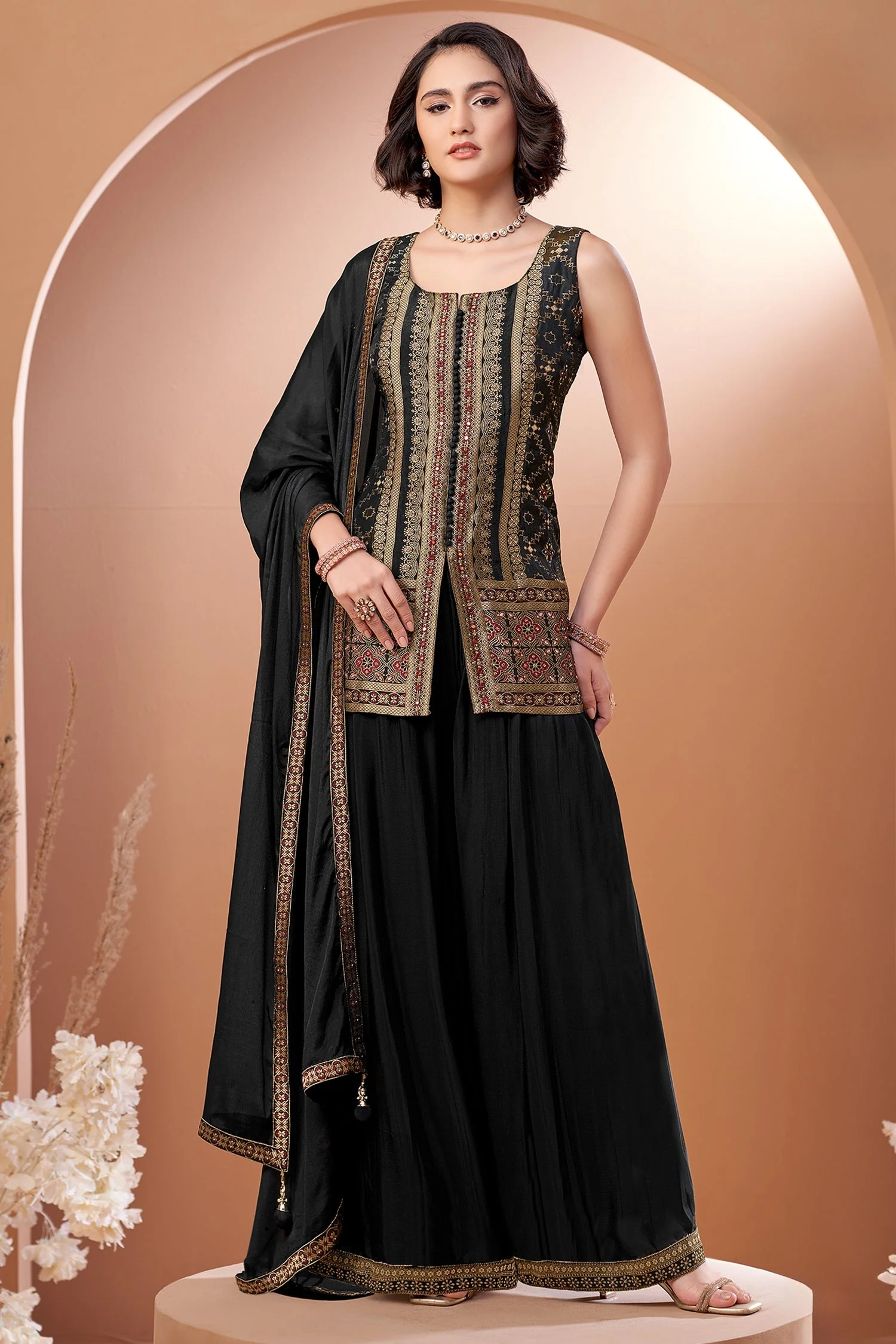 Black Gerogette Chinon Woven Palazzo Suit - Image 2