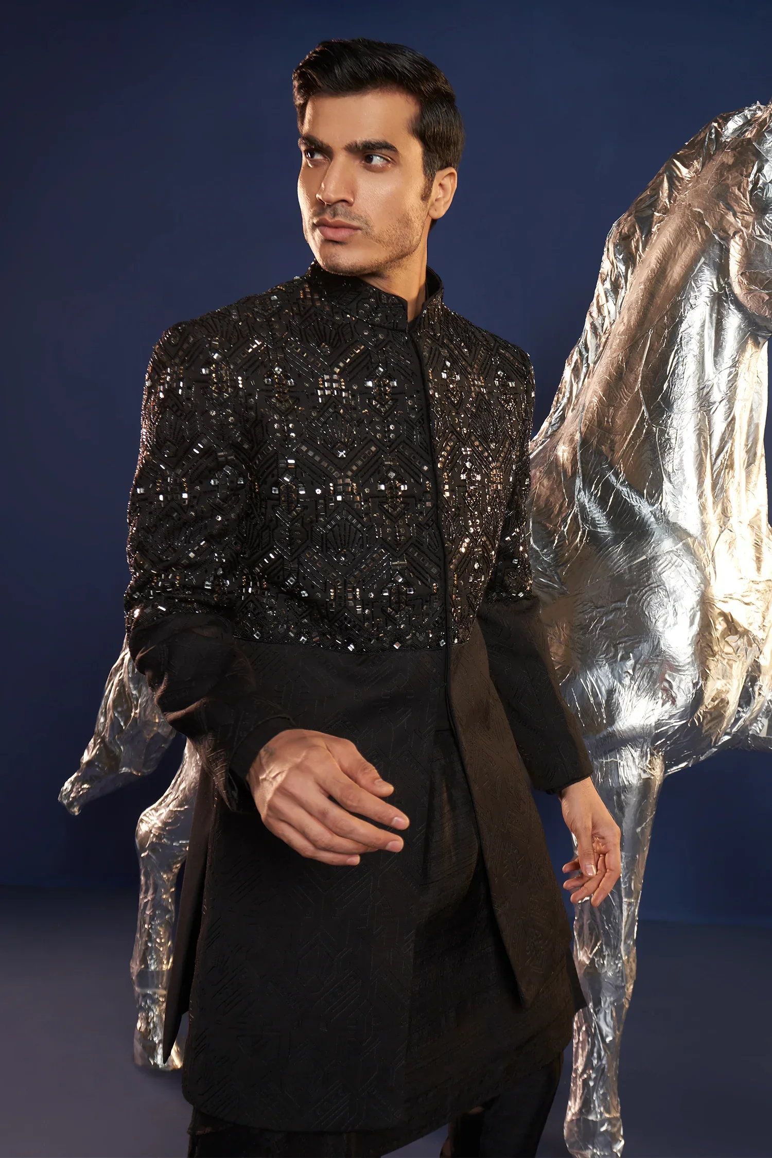 Black Imported Asymmetrical Indo Western Set with Cutdana Work - Image 2