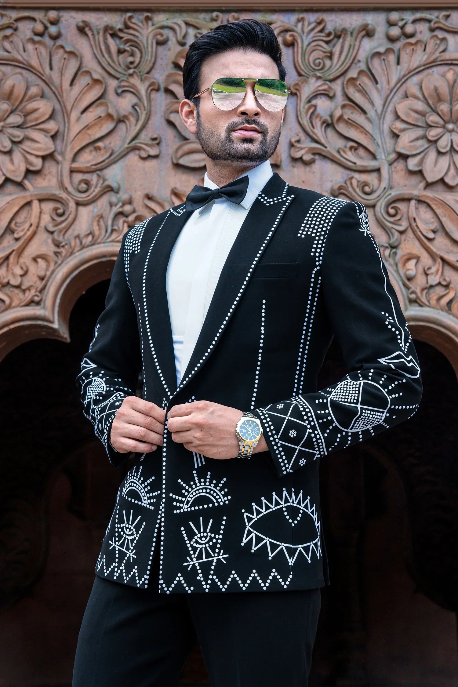 Black Imported Tuxedo Suit with Bow Tie - Image 3