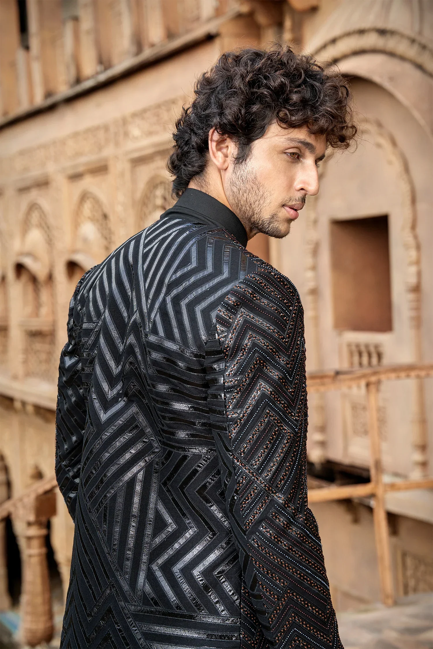 Black Jodhpuri Set in Silk with Handwork Jacket - Image 2