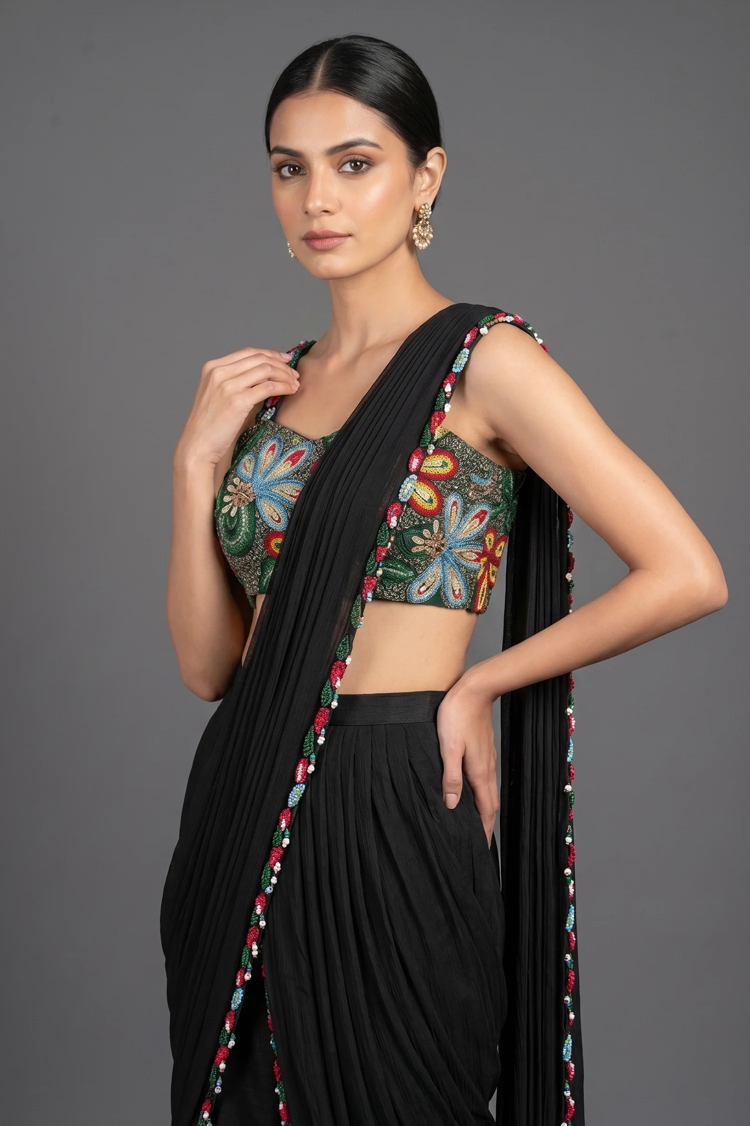 Black Lycra Net Beaded and Cutdana Worked Readymade Saree - Image 2