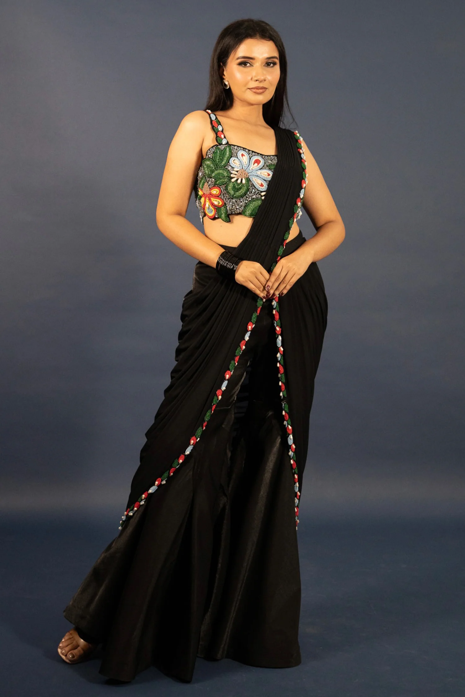 Black Lycra Net Beaded and Cutdana Worked Readymade Saree - Image 3