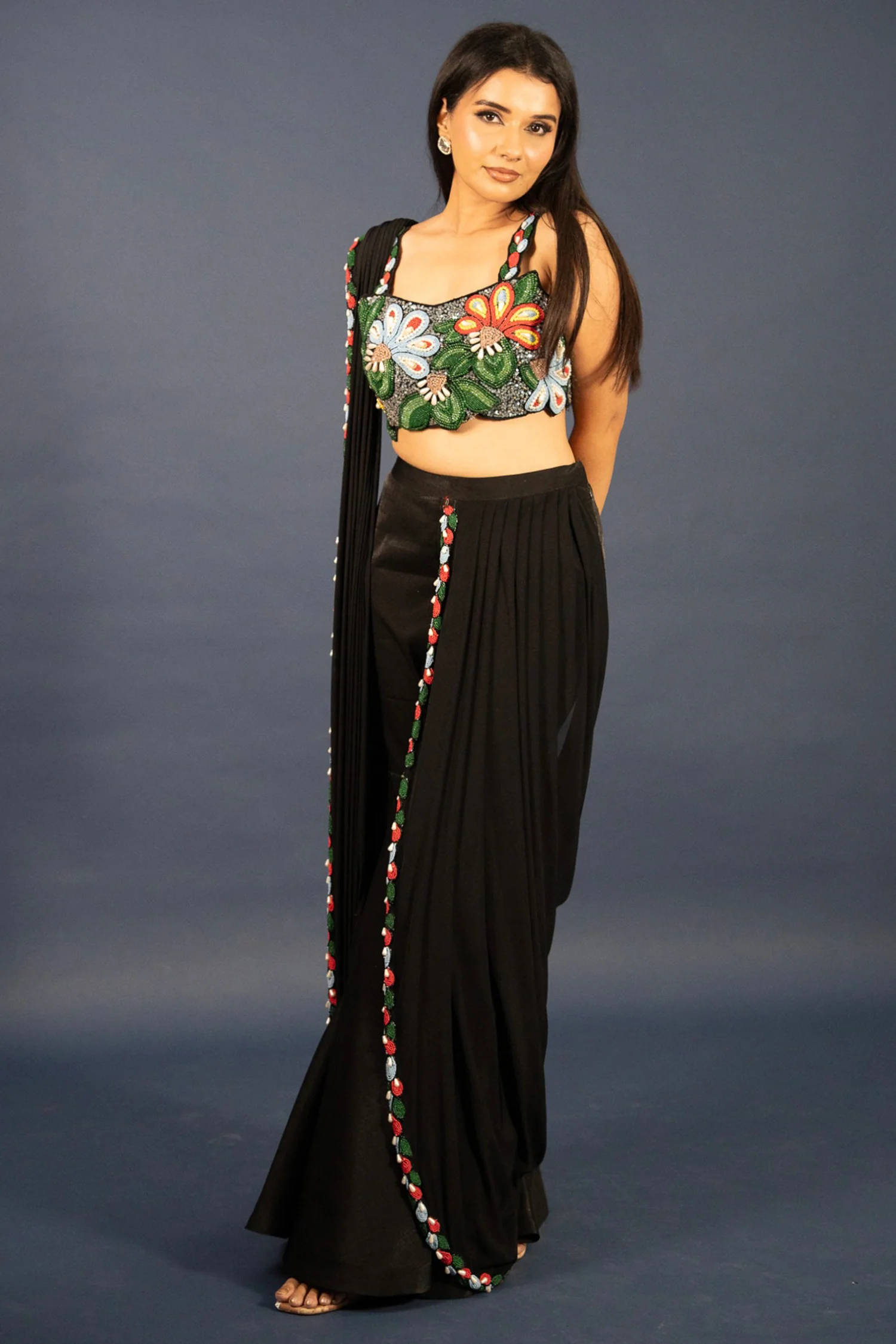Black Lycra Net Beaded and Cutdana Worked Readymade Saree - Image 4