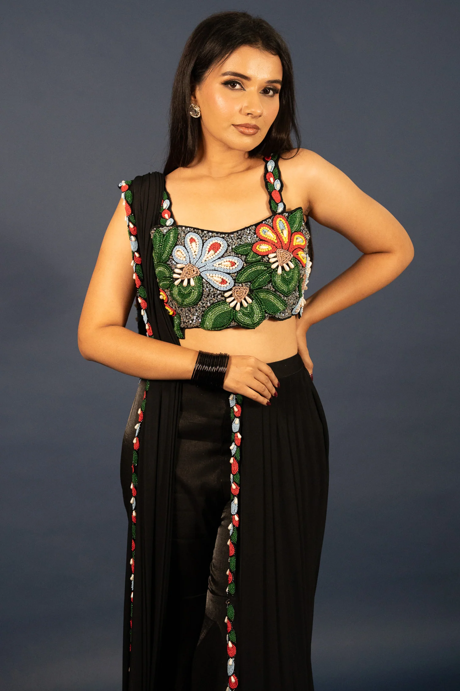 Black Lycra Net Beaded and Cutdana Worked Readymade Saree - Image 5