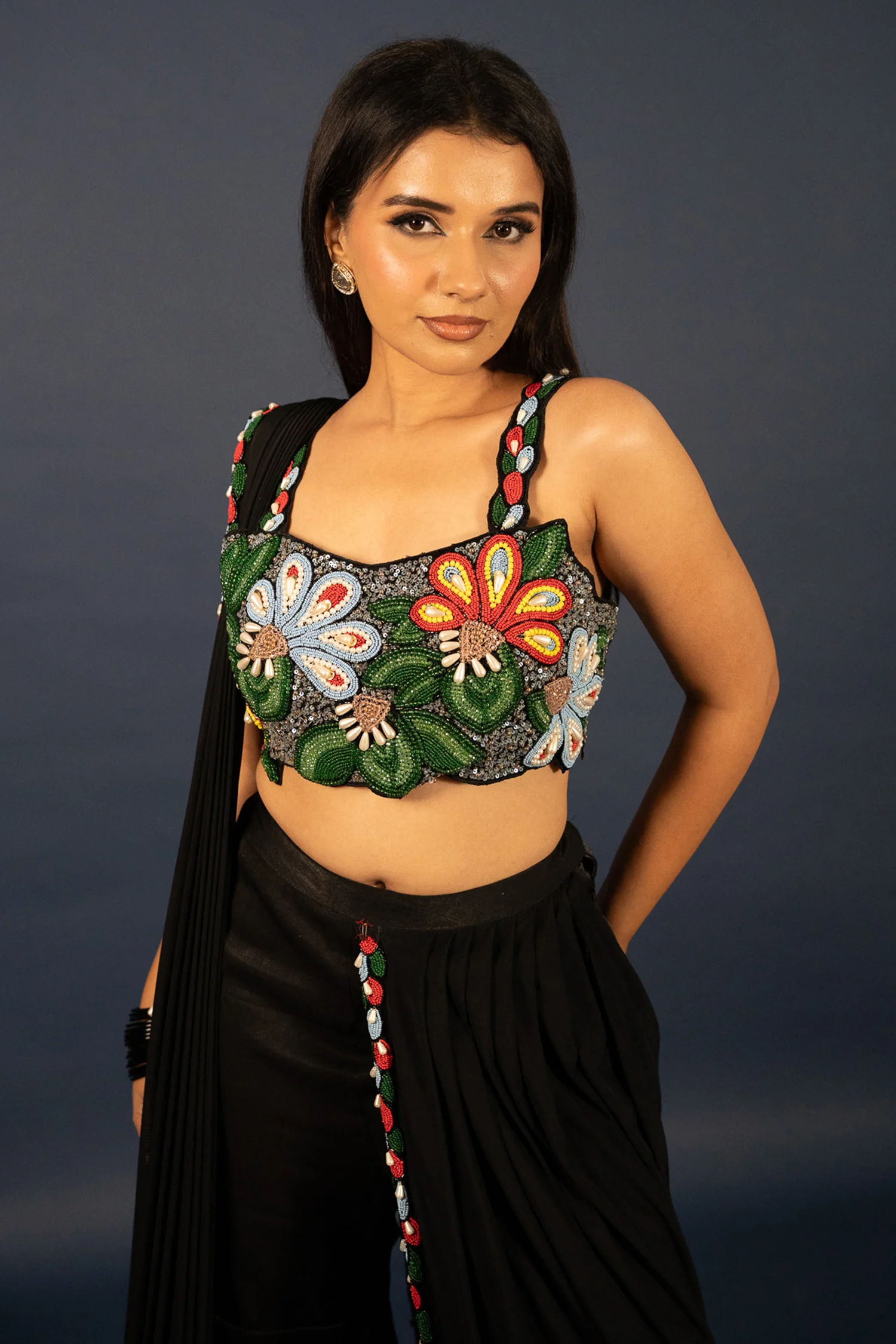 Black Lycra Net Beaded and Cutdana Worked Readymade Saree - Image 7