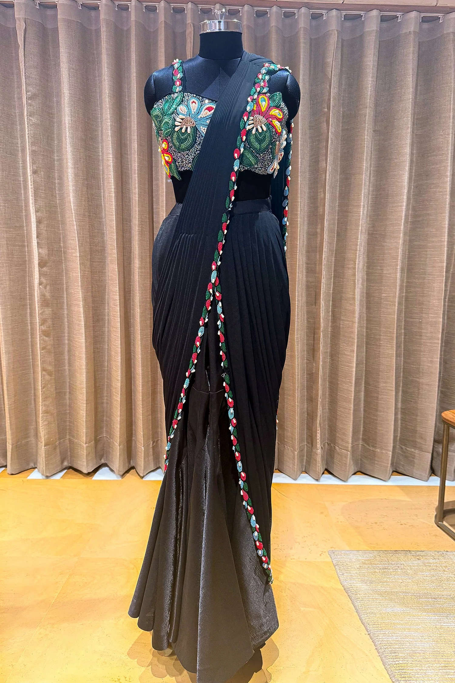Black Lycra Net Beaded and Cutdana Worked Readymade Saree - Image 8