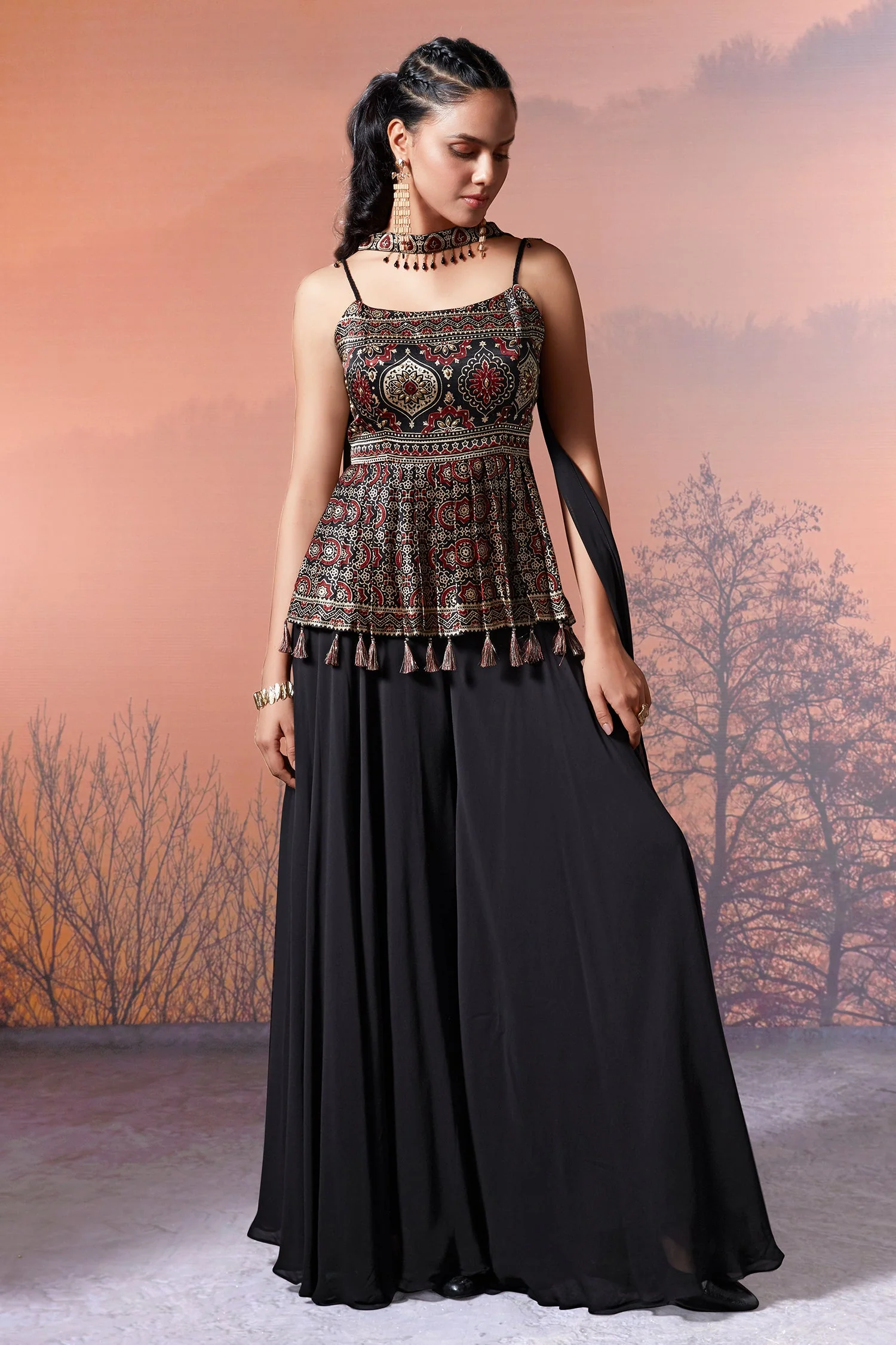 Black Modal Silk Ajrakh Printed Peplum Style Palazzo Suit - Image 2