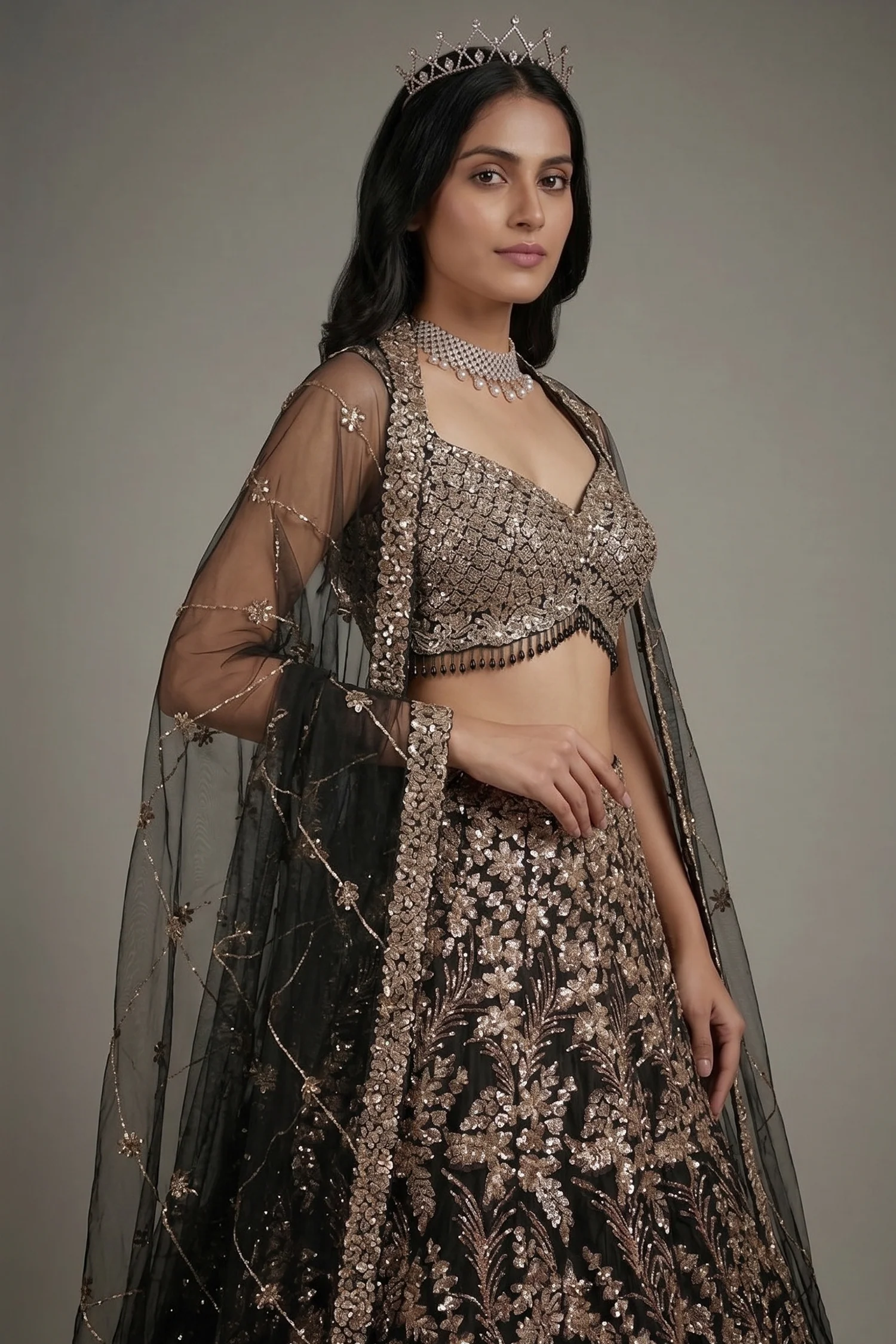 Black Net All Over Sequinned Designer Lehenga - Image 2