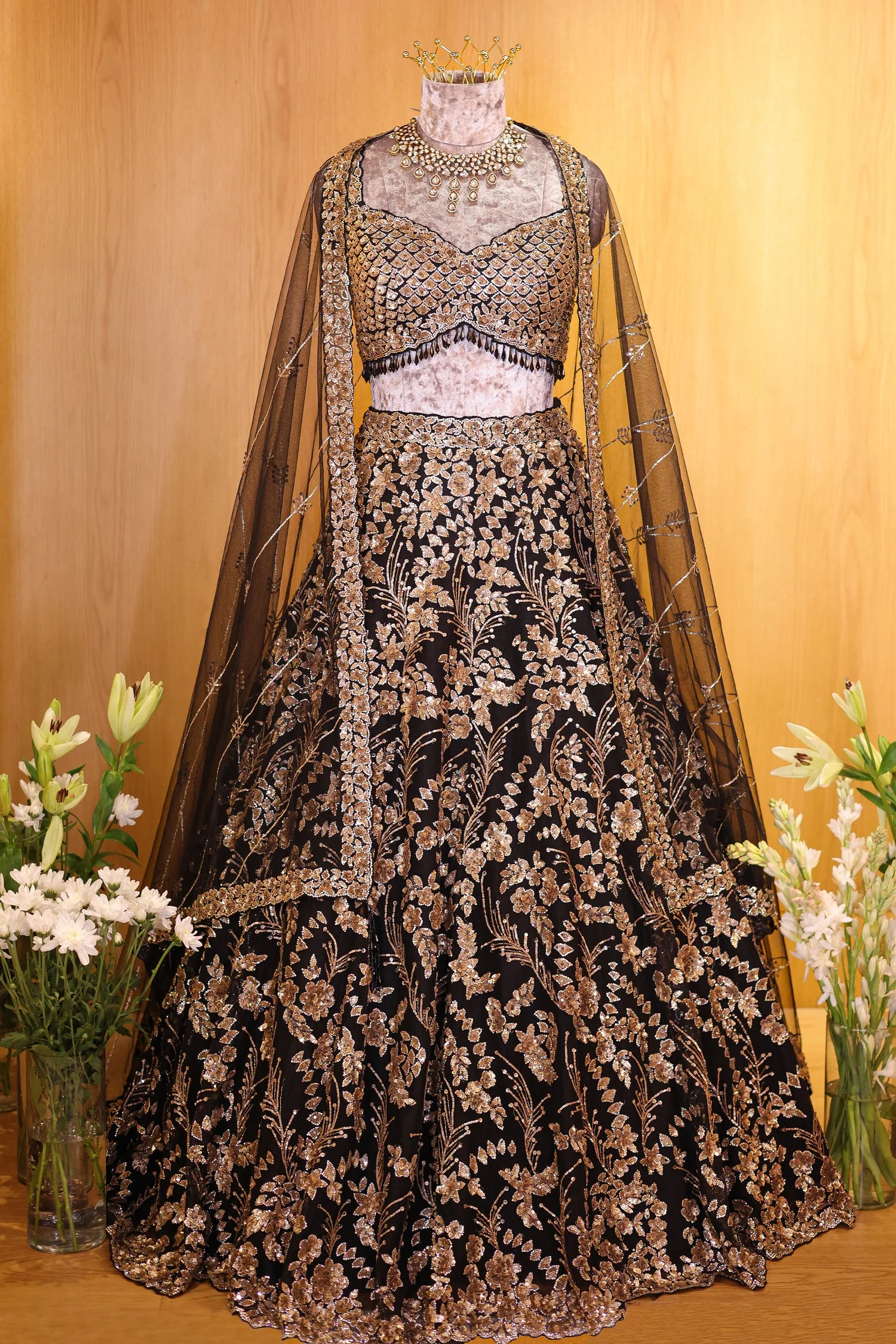 Black Net All Over Sequinned Designer Lehenga - Image 3