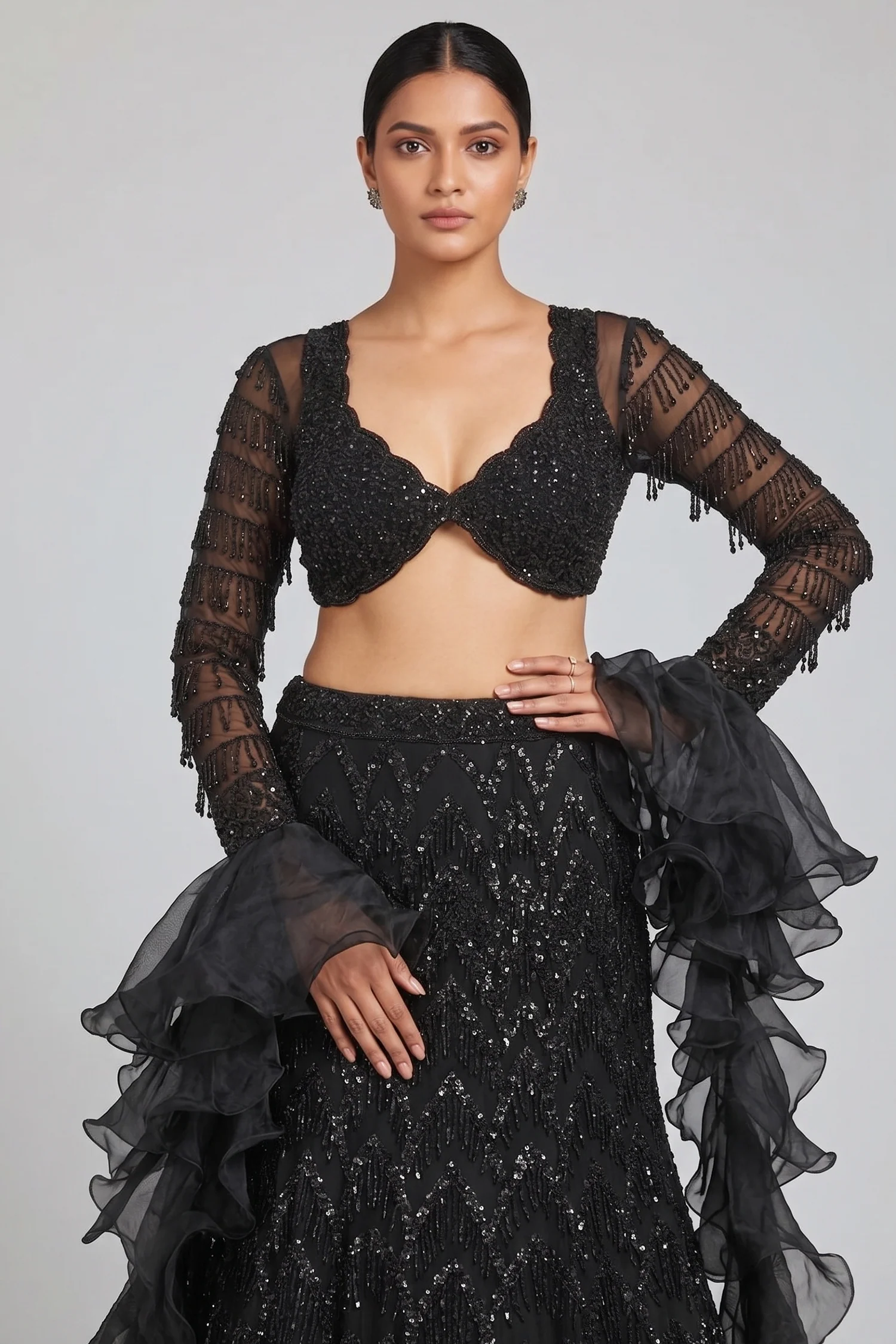 Black Net Sequin Beaded Fish Cut Lehenga with Deep Scallop Neckline Blouse - Image 2