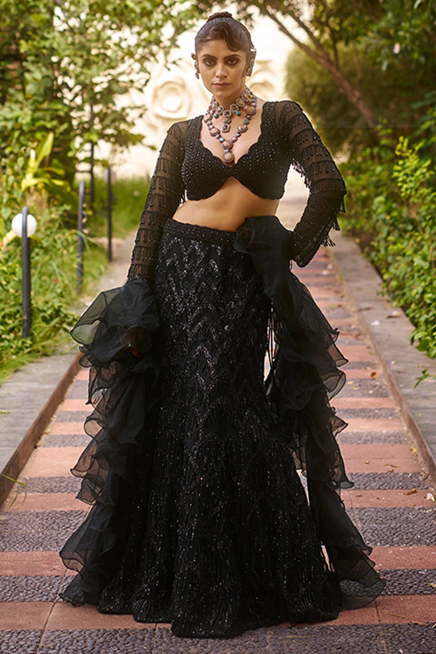 Black Net Sequin Beaded Fish Cut Lehenga with Deep Scallop Neckline Blouse - Image 4
