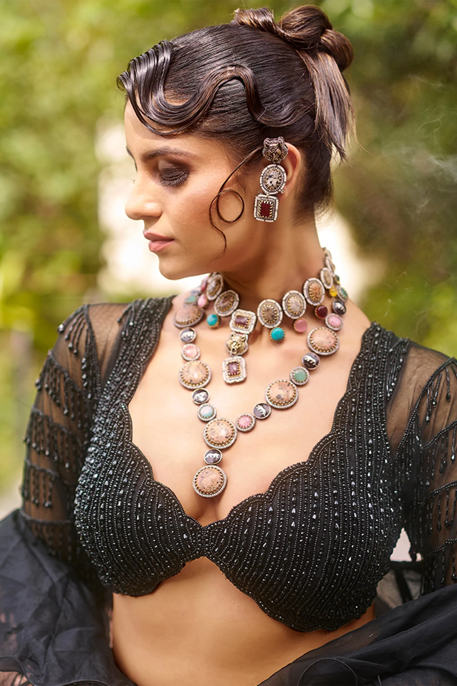 Black Net Sequin Beaded Fish Cut Lehenga with Deep Scallop Neckline Blouse - Image 7