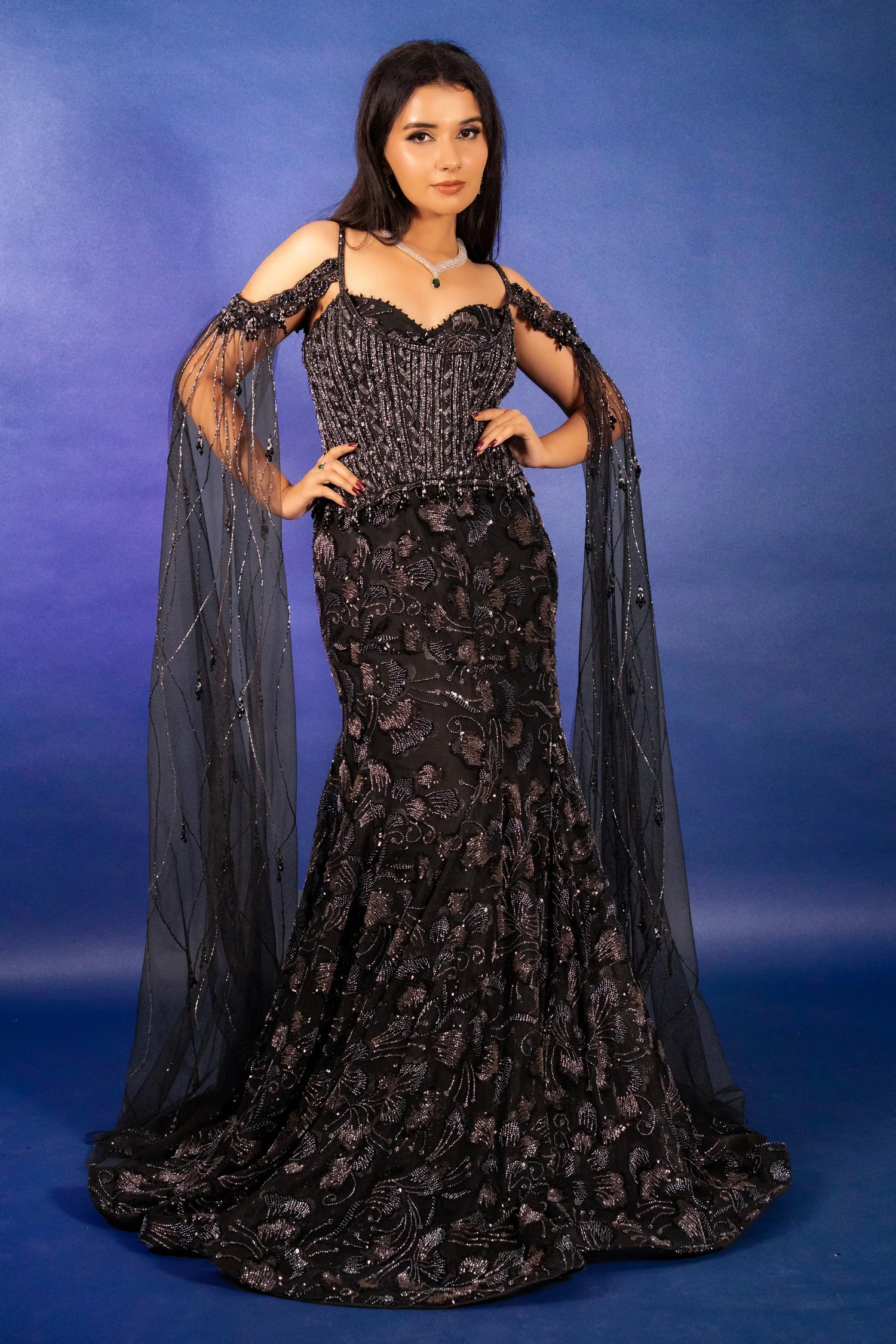 Black Net Sequin Cutdana Worked Gown with Cape - Image 2