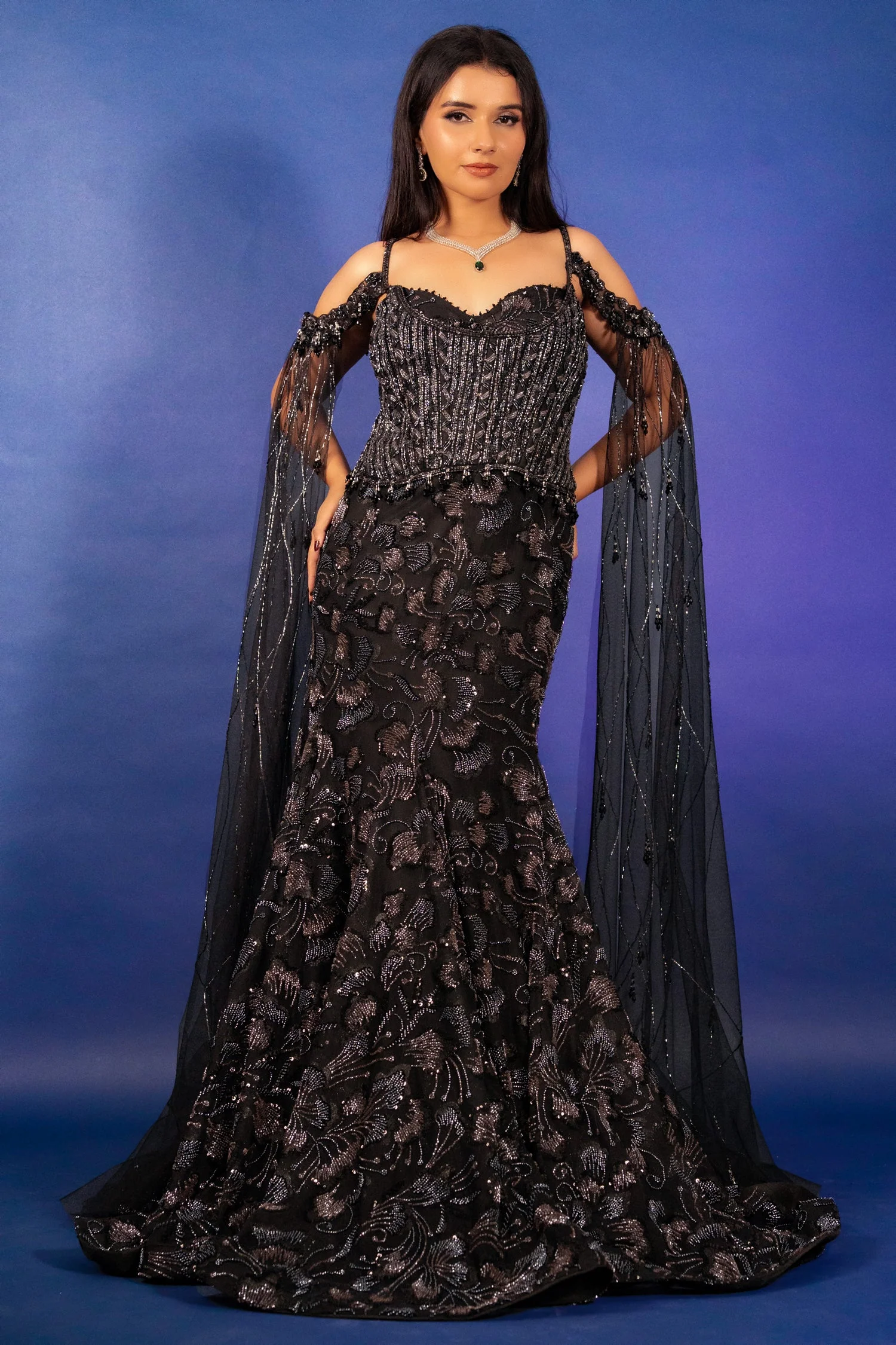 Black Net Sequin Cutdana Worked Gown with Cape - Image 4
