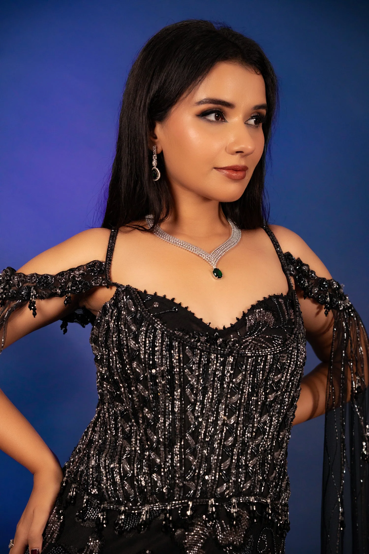 Black Net Sequin Cutdana Worked Gown with Cape - Image 6