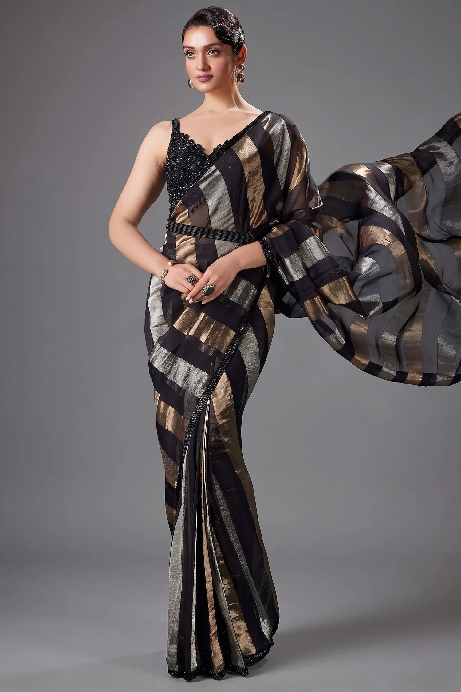 Black Organza Pre Draped Saree with Beaded Cutdana Work Blouse