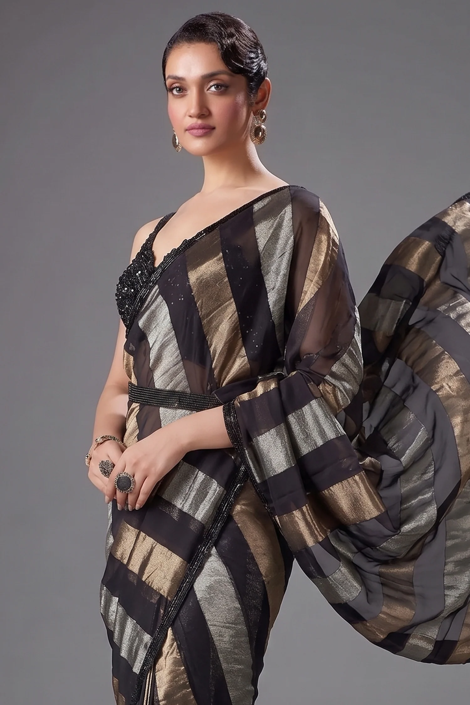 Black Organza Pre Draped Saree with Beaded Cutdana Work Blouse - Image 2