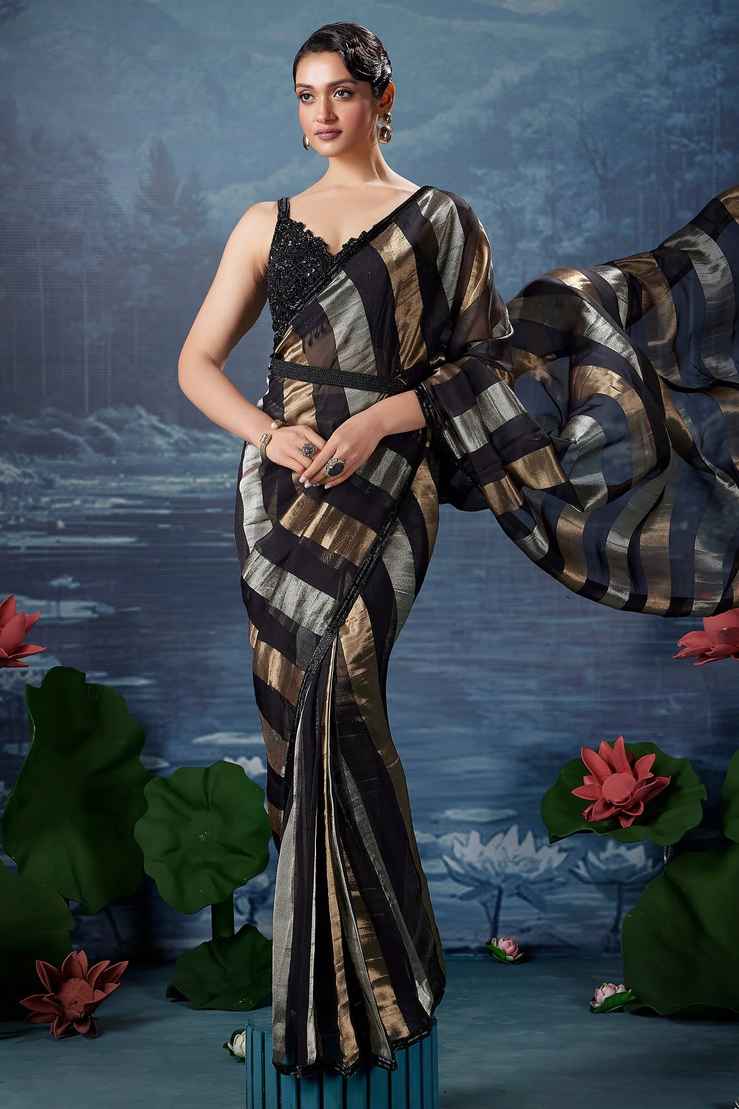 Black Organza Pre Draped Saree with Beaded Cutdana Work Blouse - Image 3