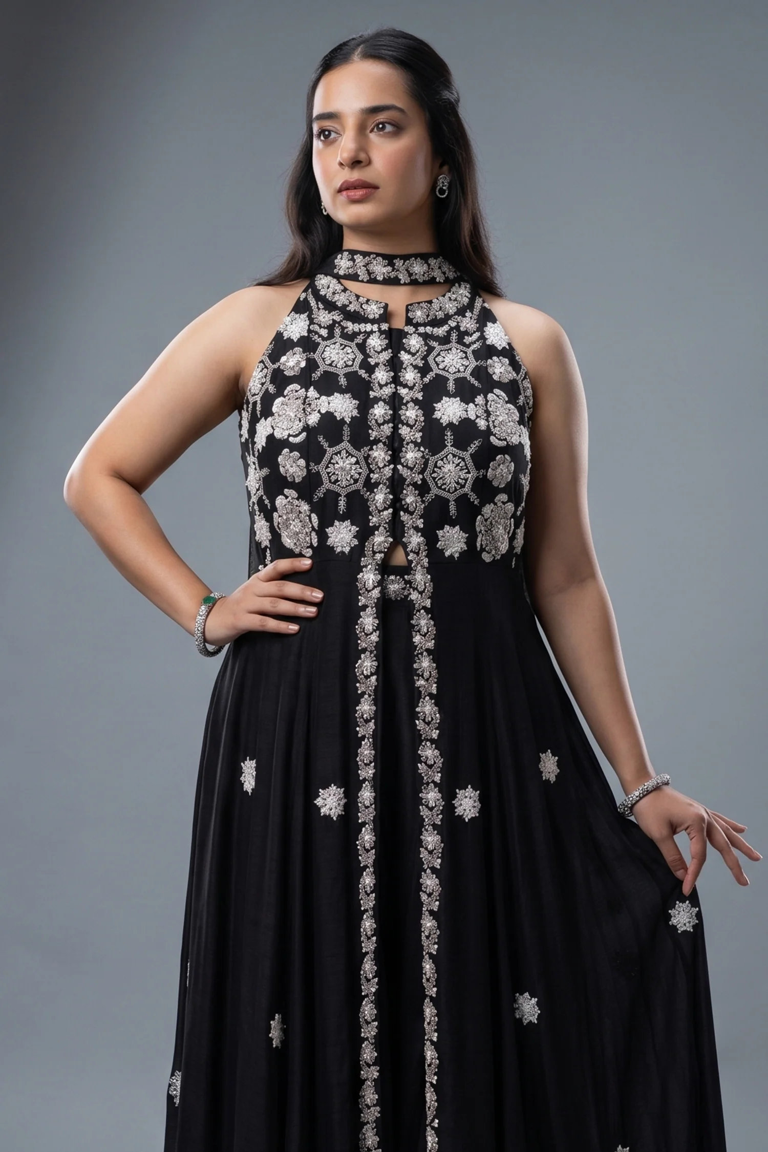 Black Raw Silk Beaded and Mirror Worked Slit Cut Palazzo Suit - Image 2