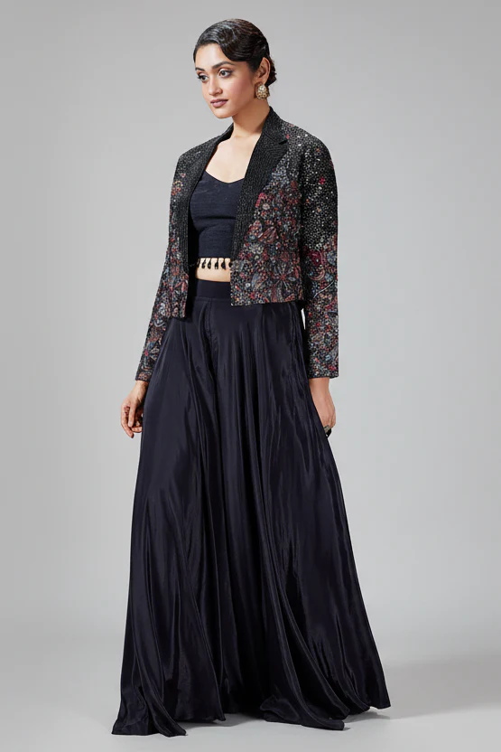 Black Raw Silk Crop Top Palazzo Set with Embroidery and Sequin Work Jacket
