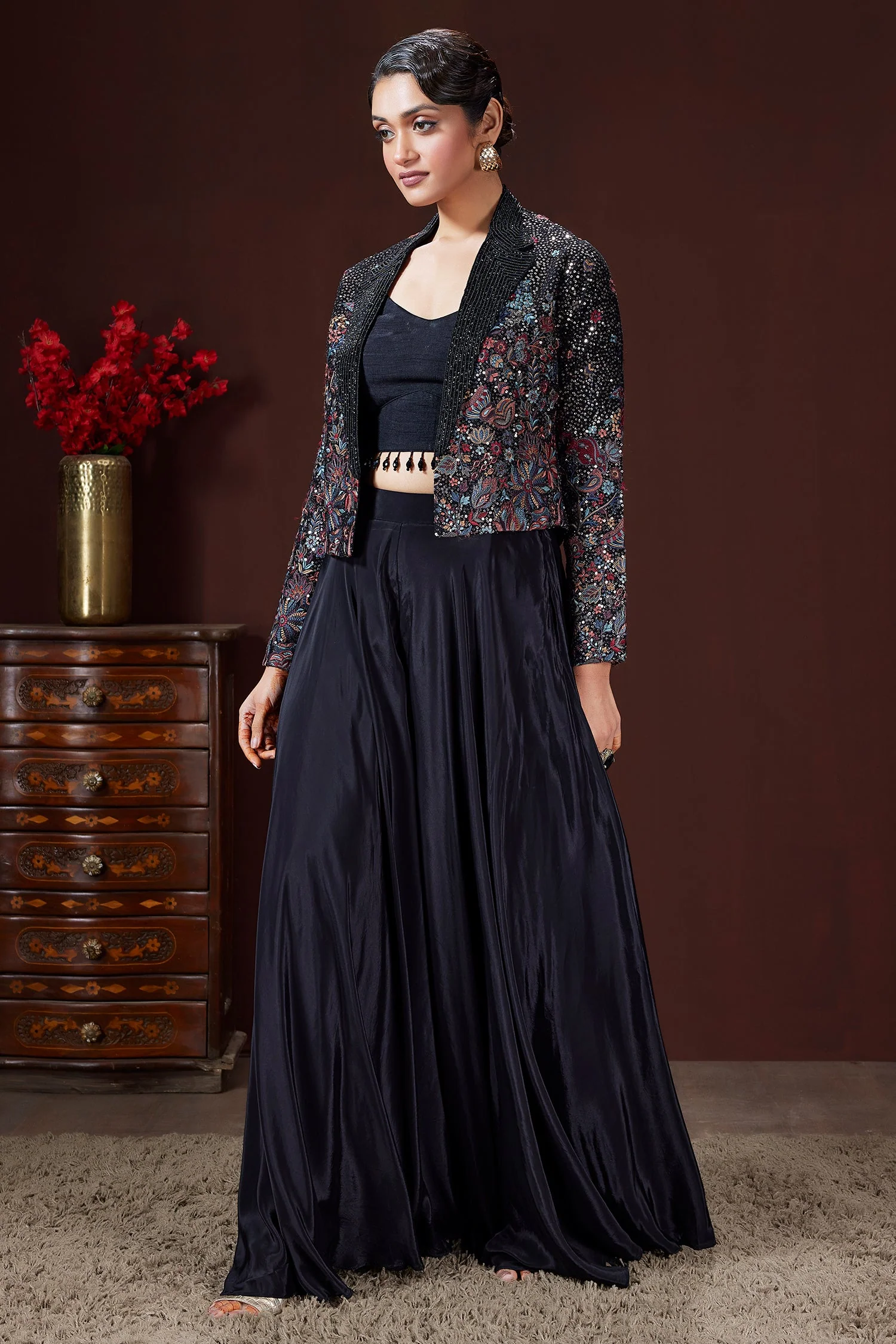 Black Raw Silk Crop Top Palazzo Set with Embroidery and Sequin Work Jacket - Image 2