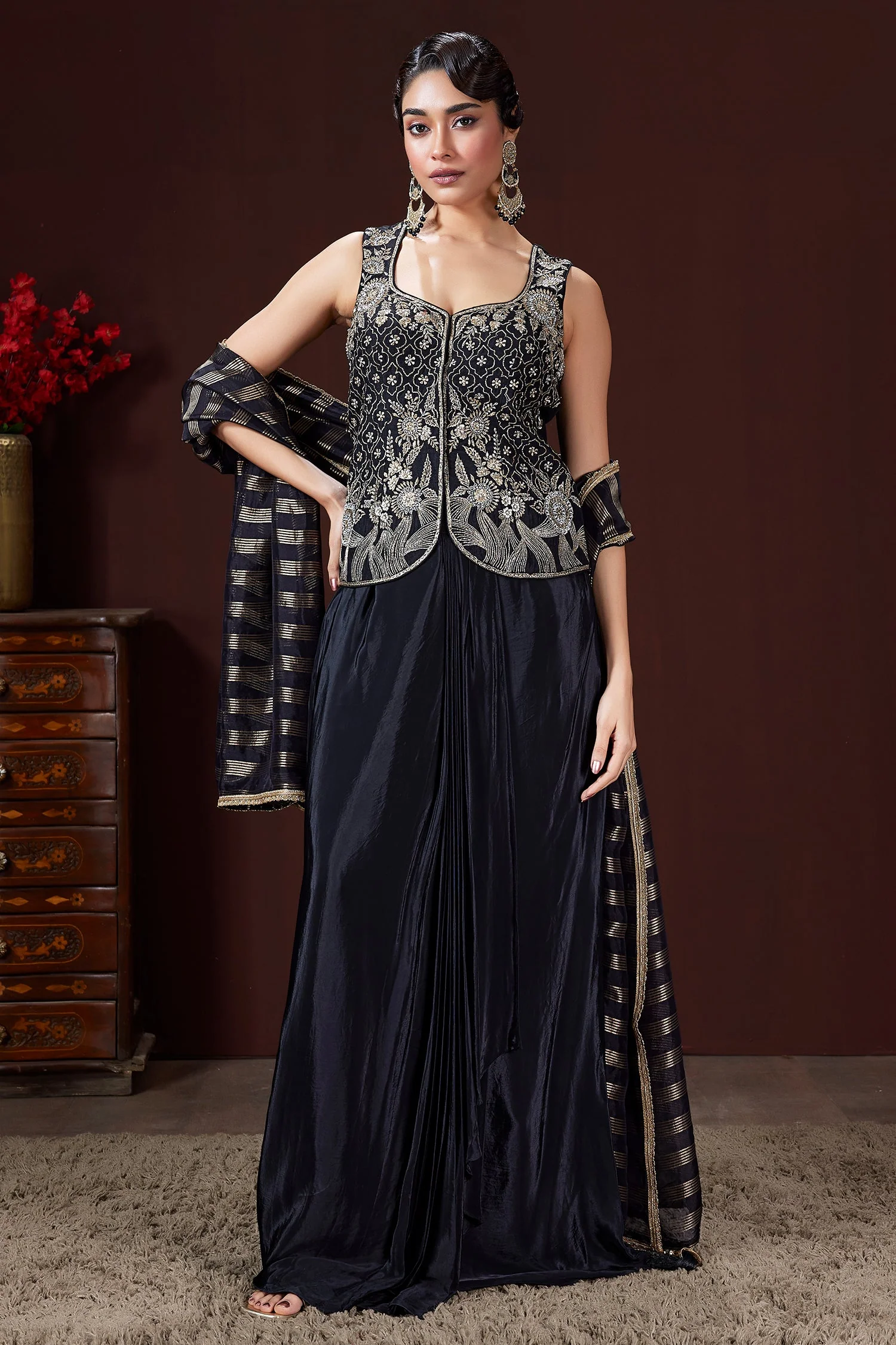 Black Raw Silk Embroidered Corset and Pleated Skirt Set - Image 2