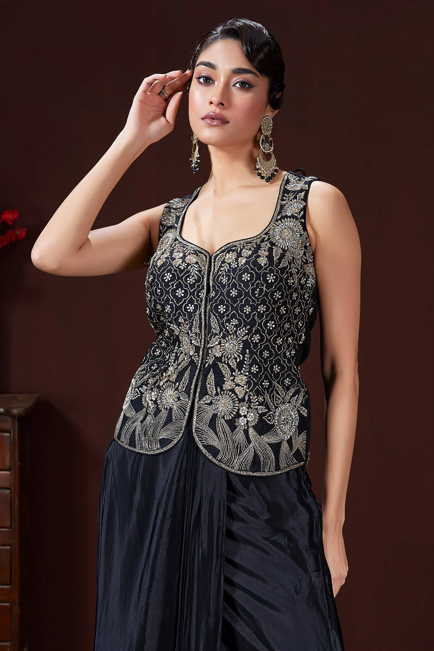 Black Raw Silk Embroidered Corset and Pleated Skirt Set - Image 3