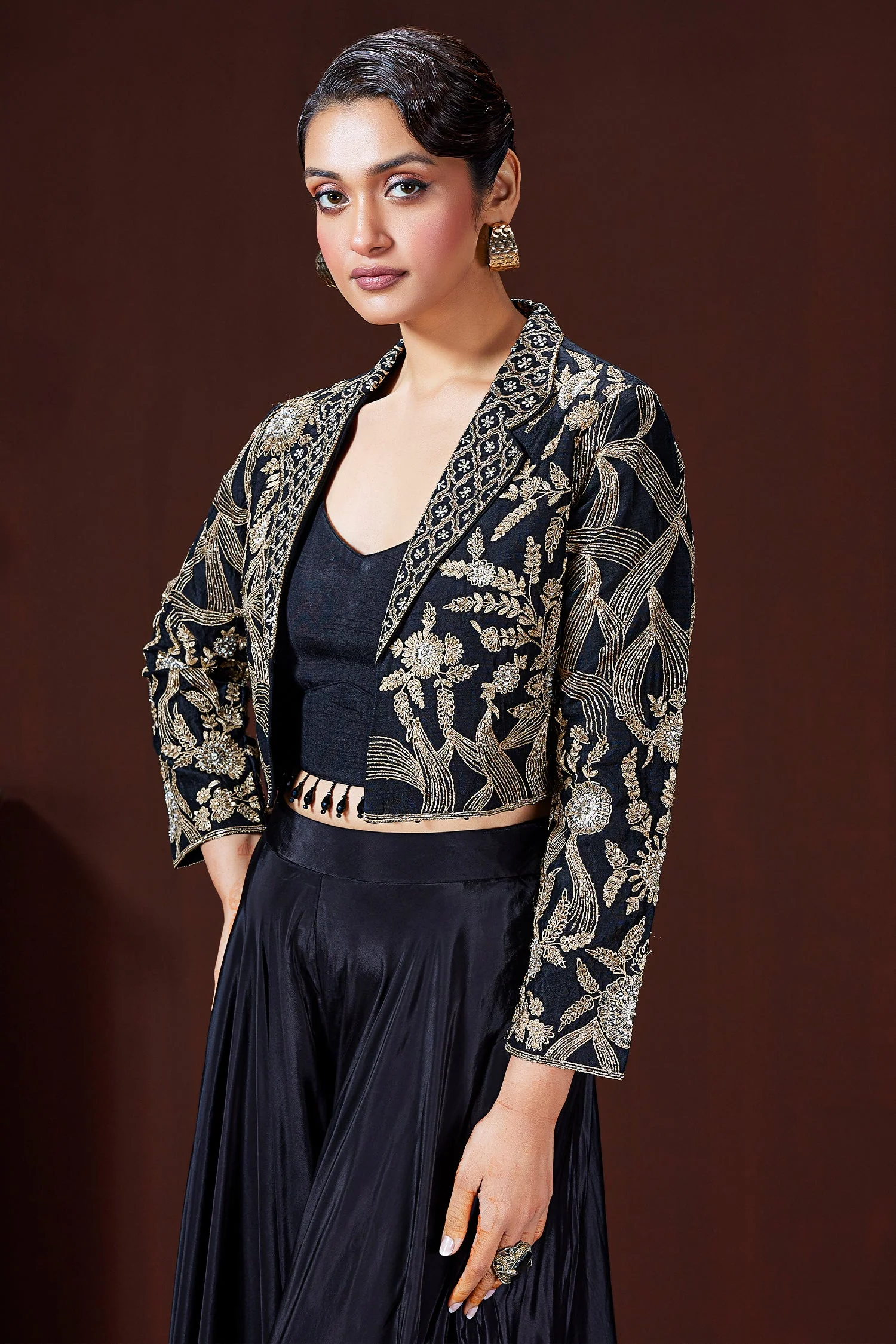 Black Raw Silk Embroidered Crop Top Palazzo Set with Short Jacket - Image 3