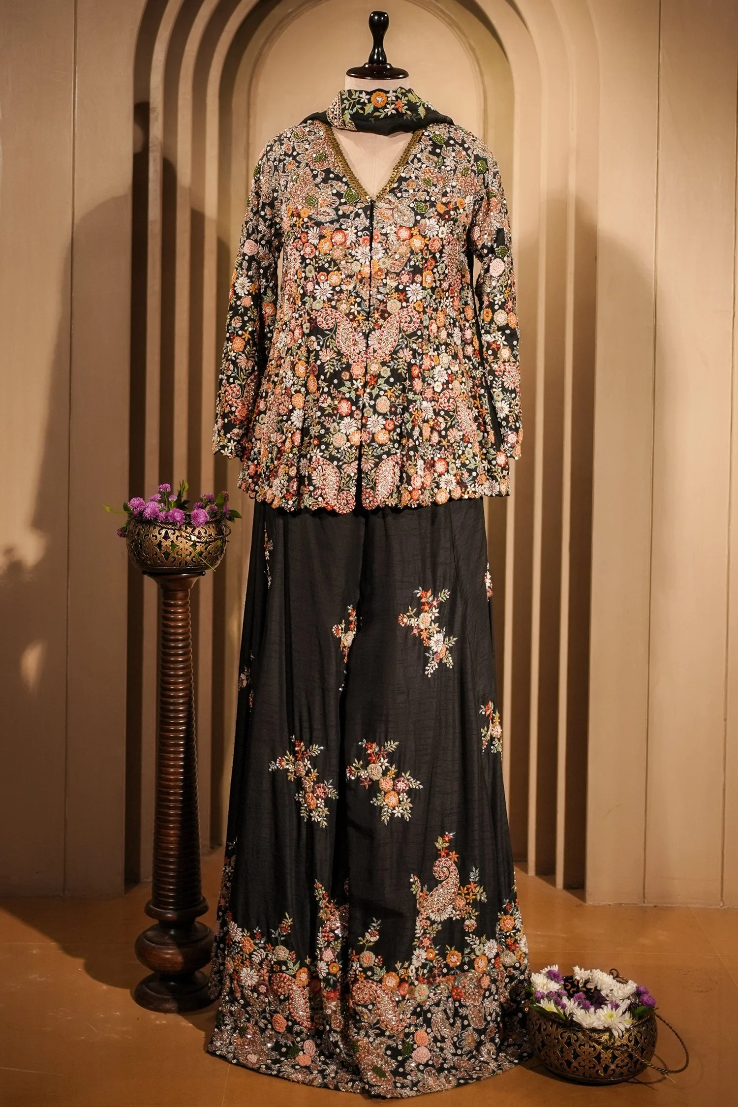 Black Raw Silk Embroidered Palazzo Suit - Image 2