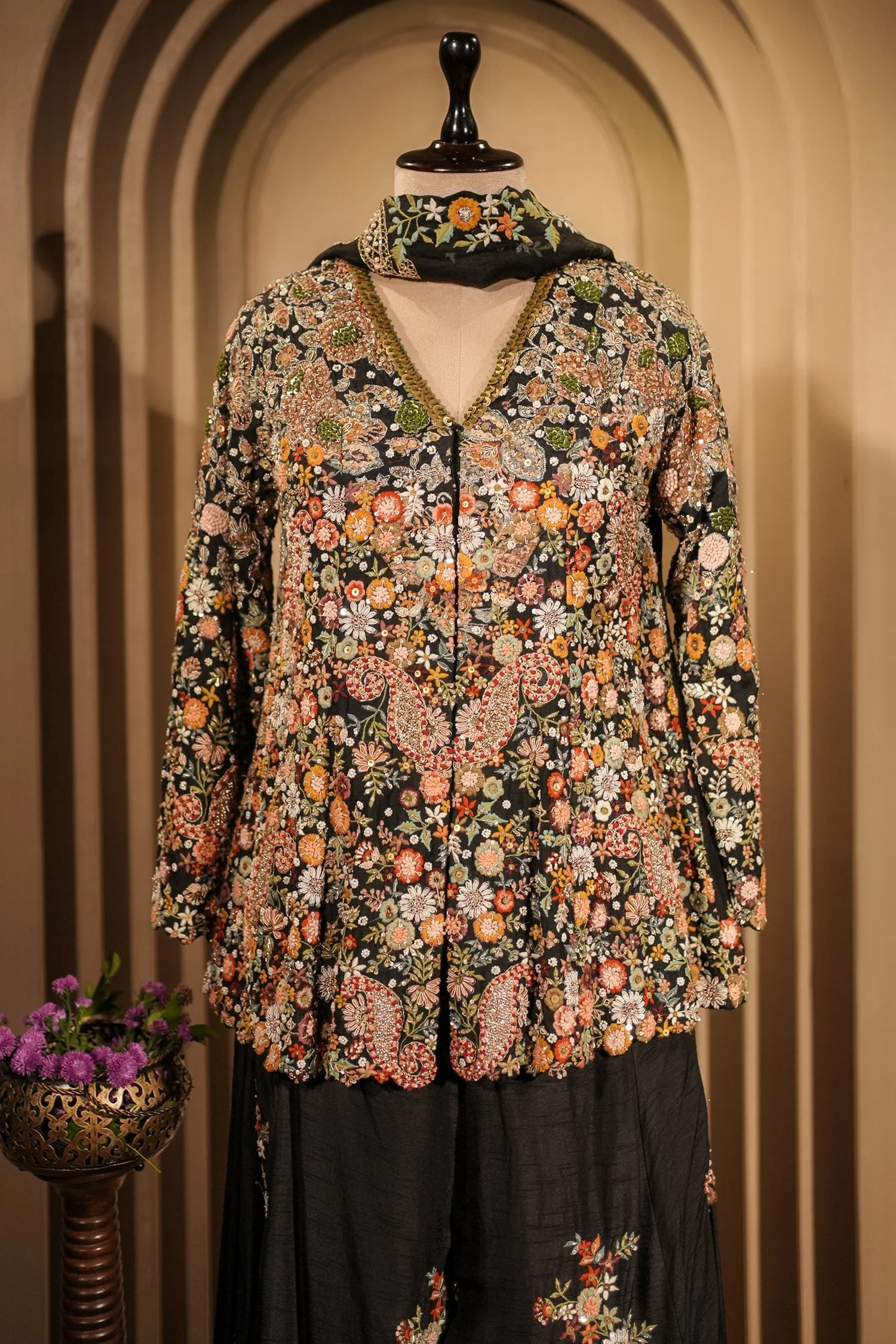 Black Raw Silk Embroidered Palazzo Suit - Image 3