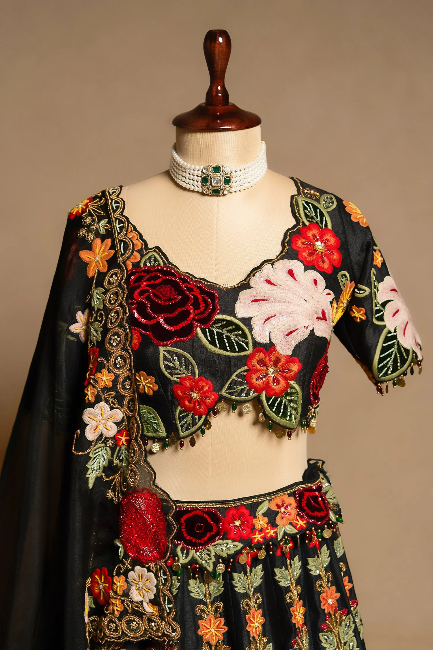 Black Raw Silk Floral Embroidered and Sequin Beaded Worked Lehenga - Image 4