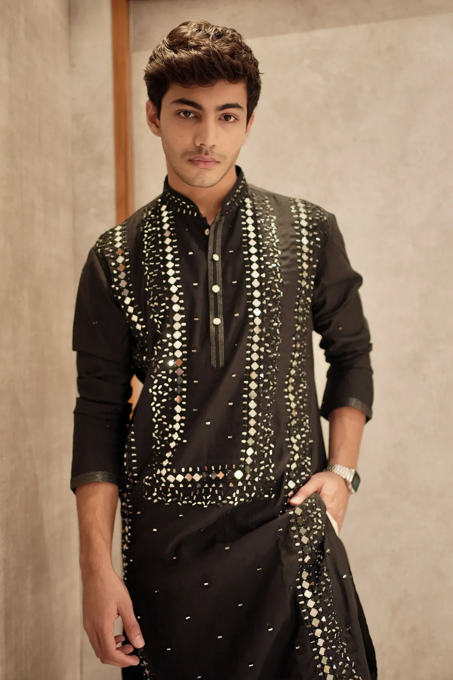 Black Satin Mirror Worked Aligadhi Kurta Pajama - Image 2