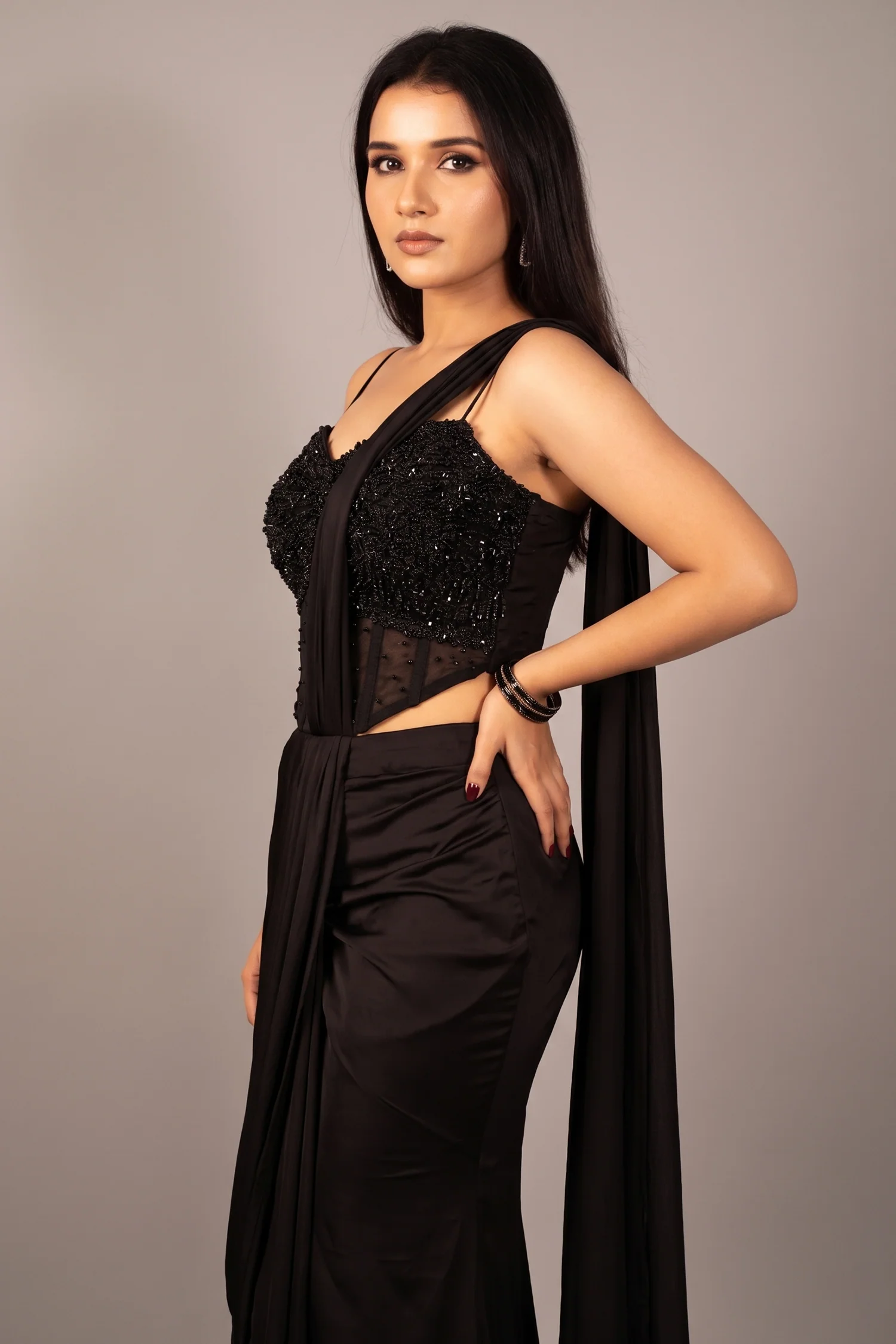 Black Satin Pre Draped Palazzo Saree with Pearl Work Corset Blouse - Image 2