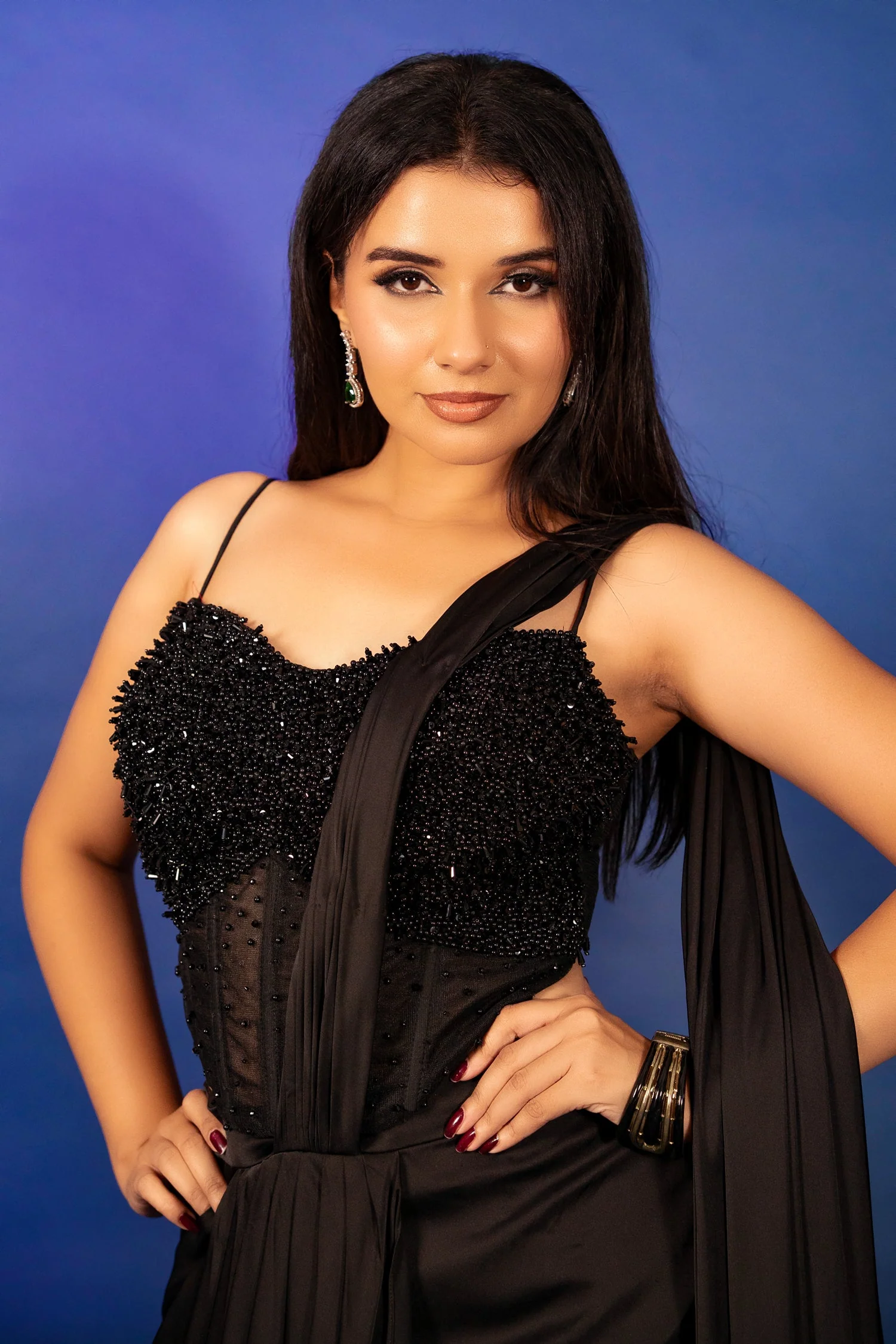 Black Satin Pre Draped Palazzo Saree with Pearl Work Corset Blouse - Image 6