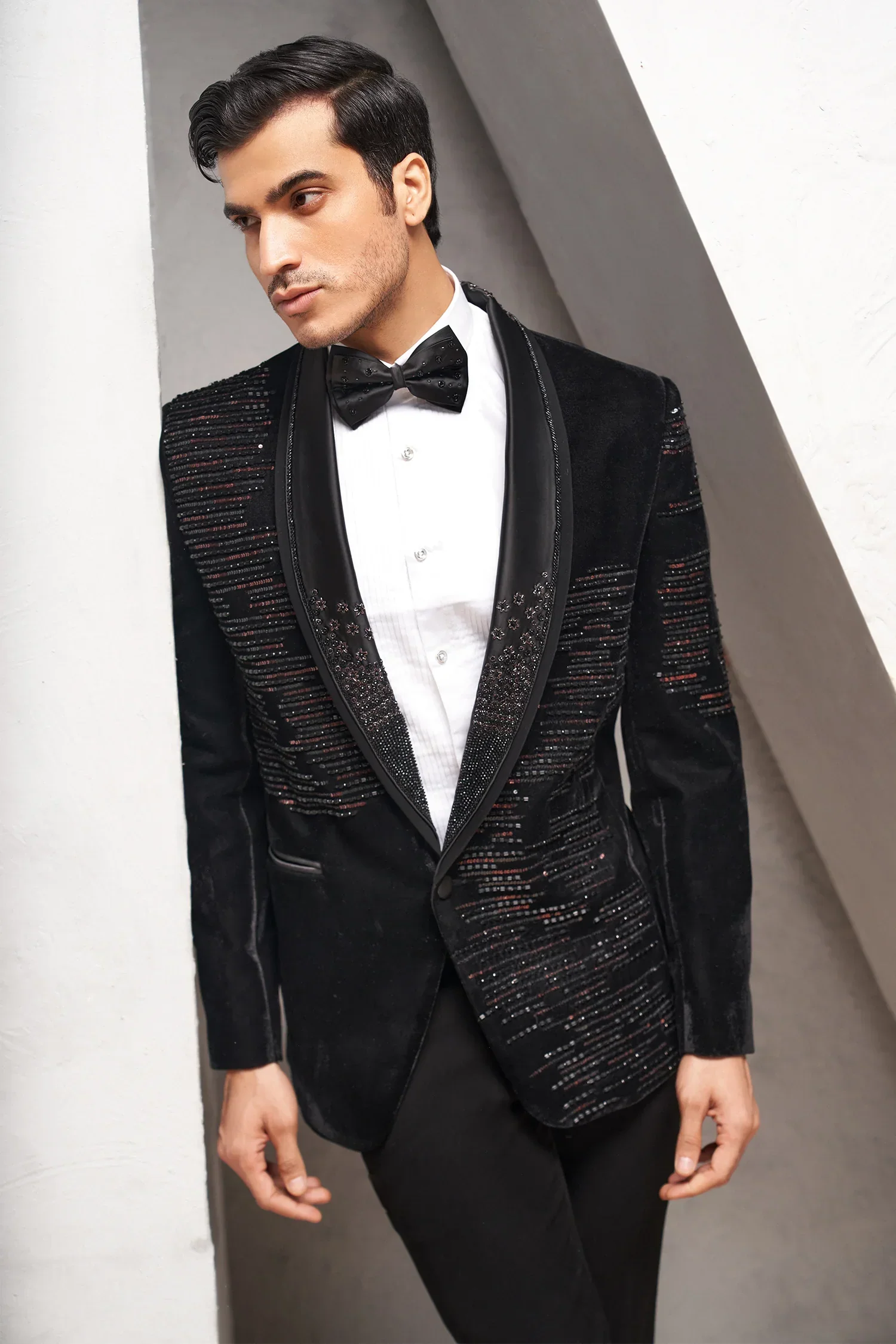 Black Velvet Imported Tuxedo Suit with Sequins and Cutdana Work - Image 2