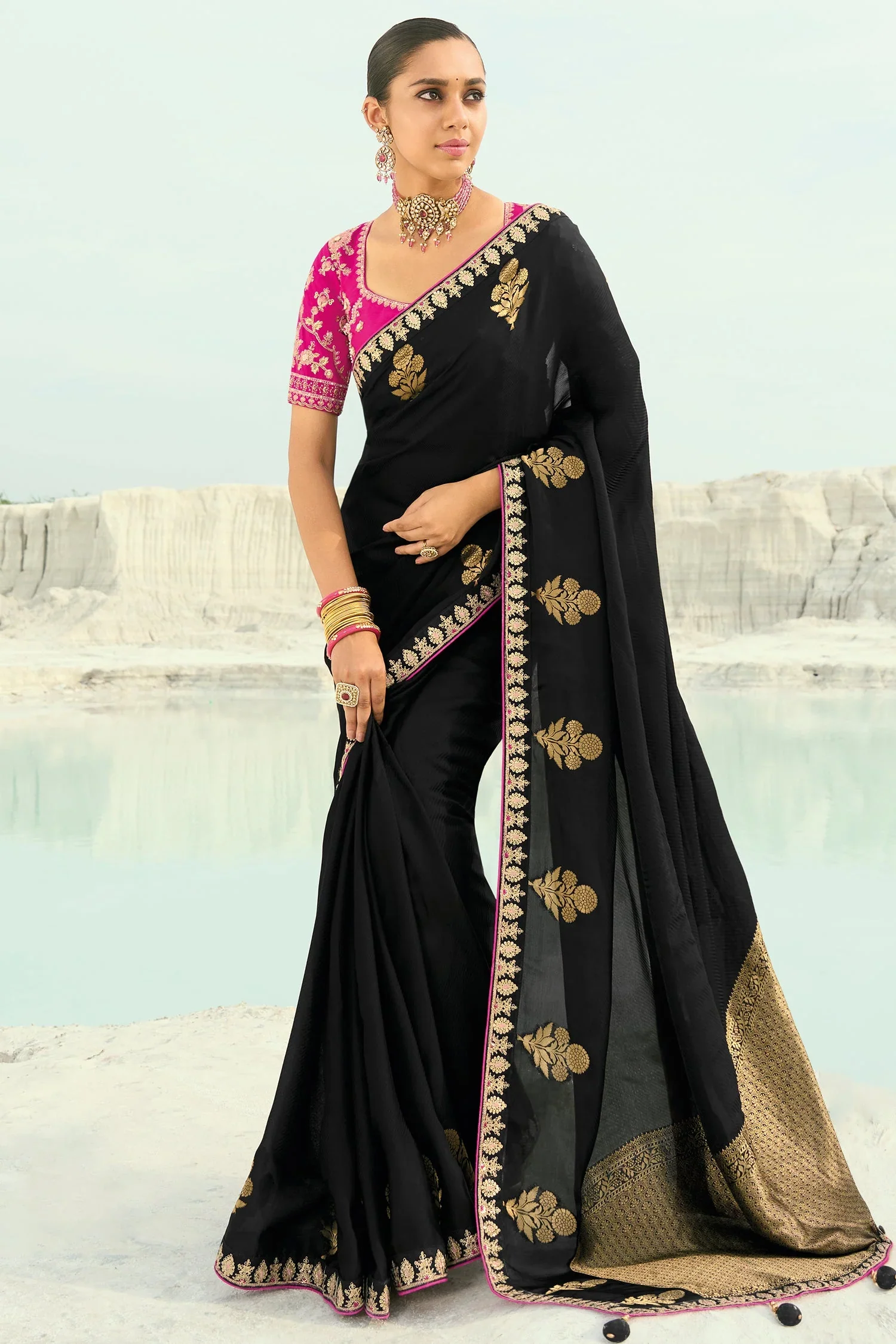 Black Viscose Woven Butta Saree with Embroidery Border - Image 2