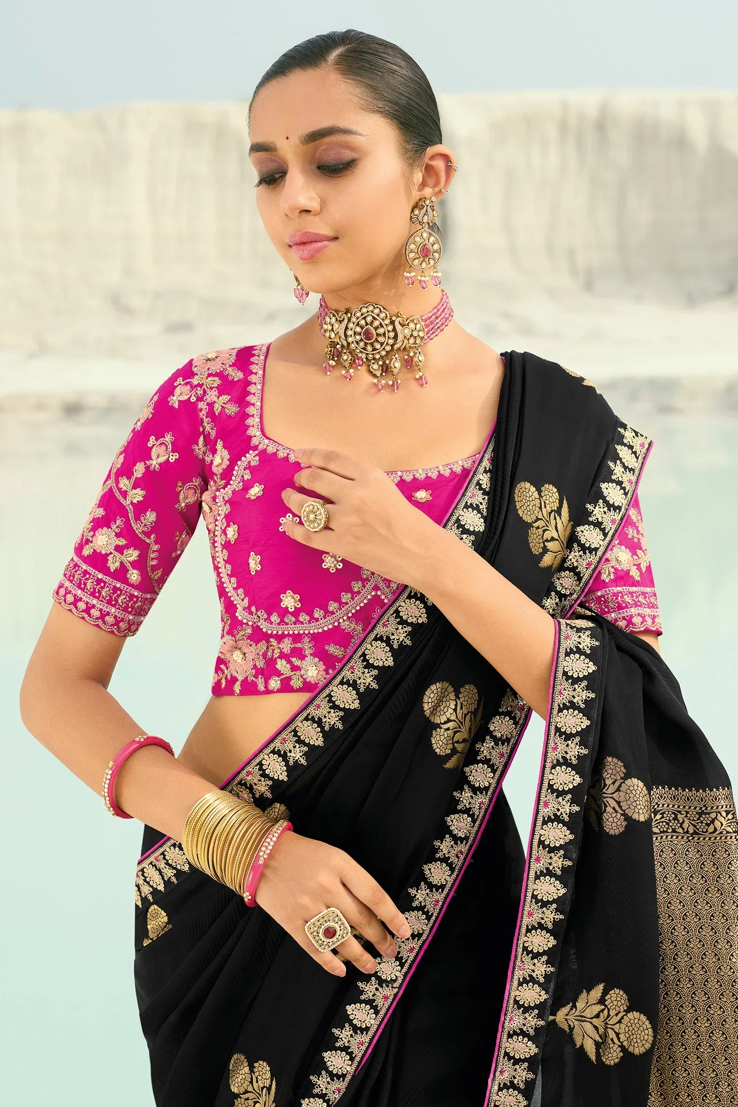 Black Viscose Woven Butta Saree with Embroidery Border - Image 3