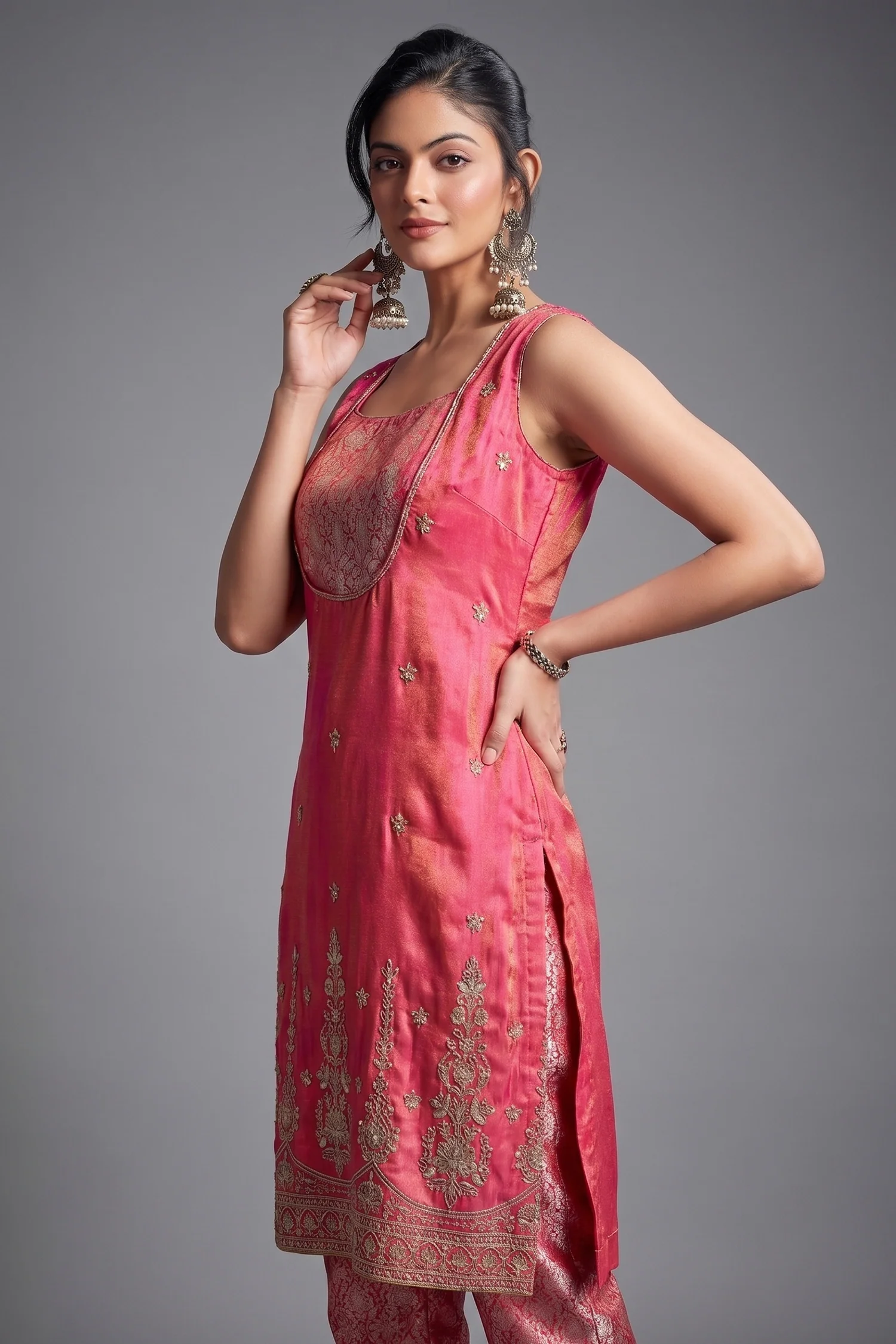 Blossom Pink Tissue Silk Sequins and Cutdana Worked Straight Cut Suit - Image 2