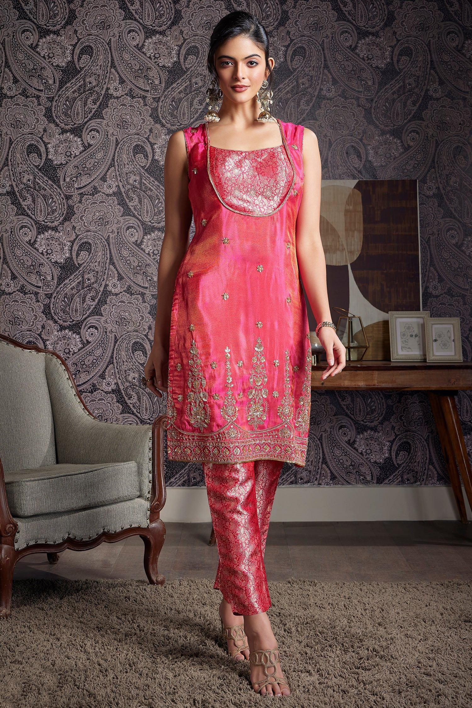 Blossom Pink Tissue Silk Sequins and Cutdana Worked Straight Cut Suit - Image 3