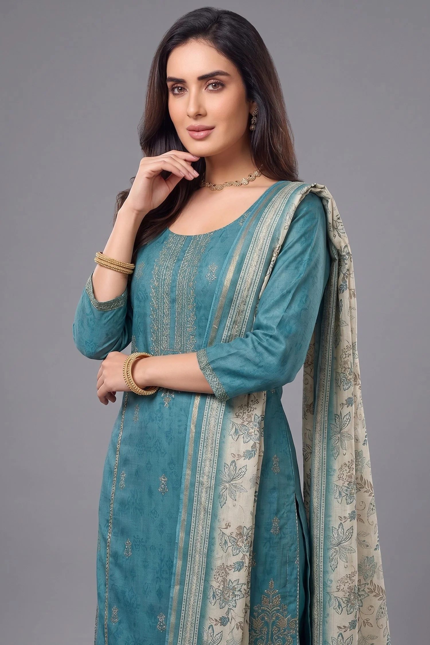 Blue Art Silk Embroidered Straight Cut Suit - Image 2