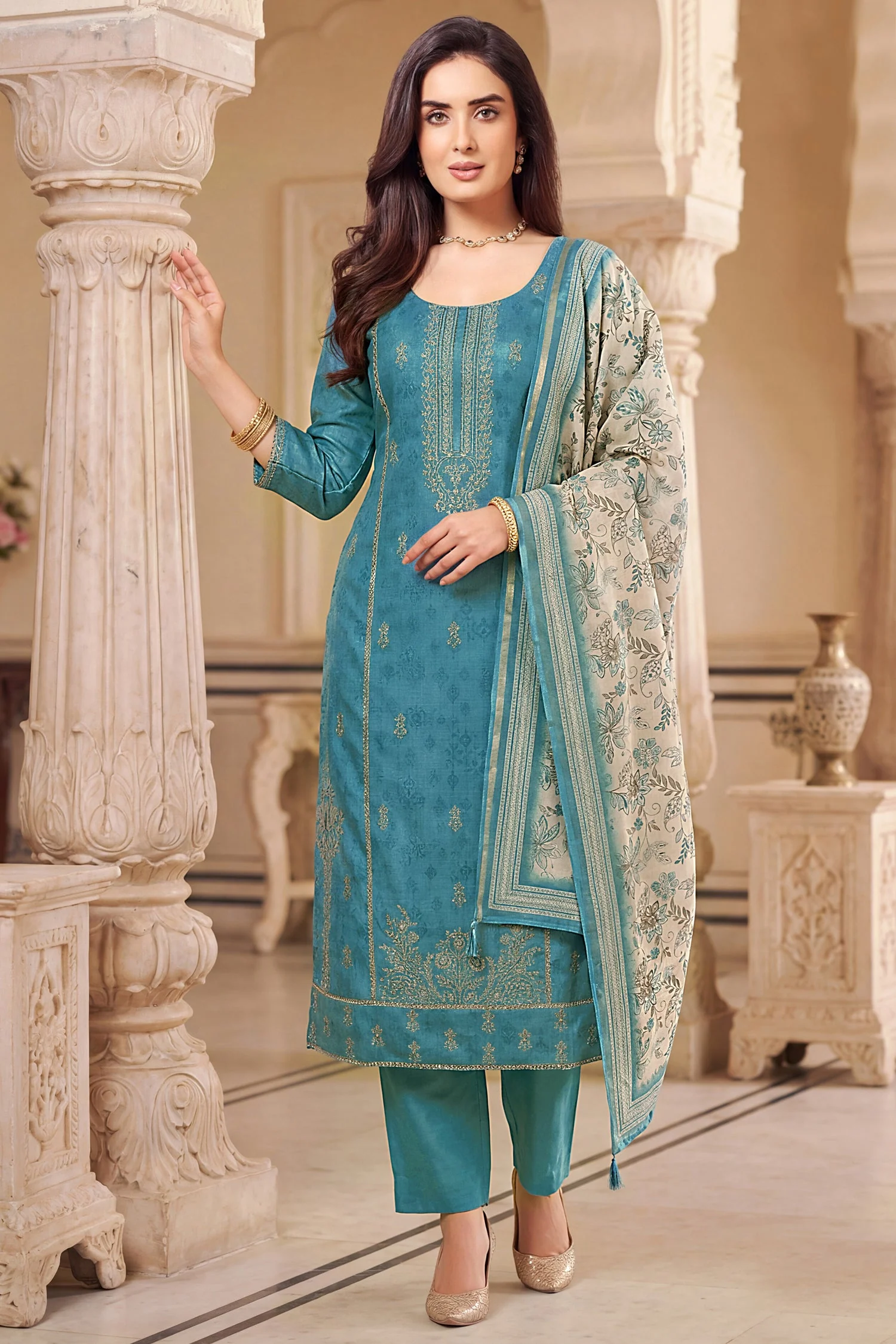 Blue Art Silk Embroidered Straight Cut Suit - Image 3