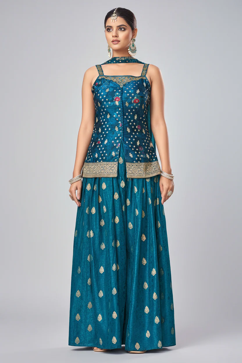Blue Art Silk Woven Palazzo Suit