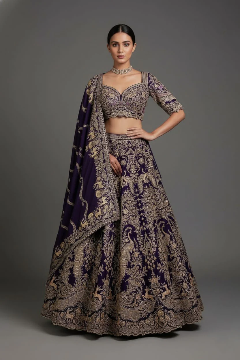 Blue Banarasi Silk All Over Woven Lehenga with Peacock and Animal Motif