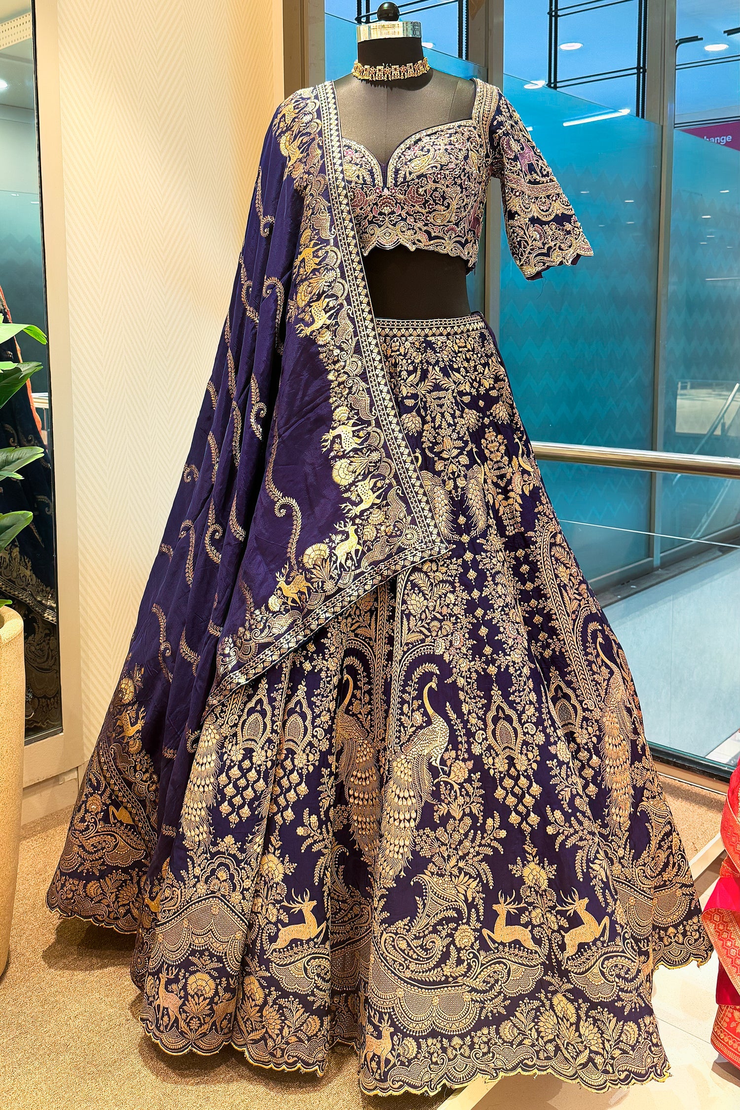 Blue Banarasi Silk All Over Woven Lehenga with Peacock and Animal Motif - Image 3