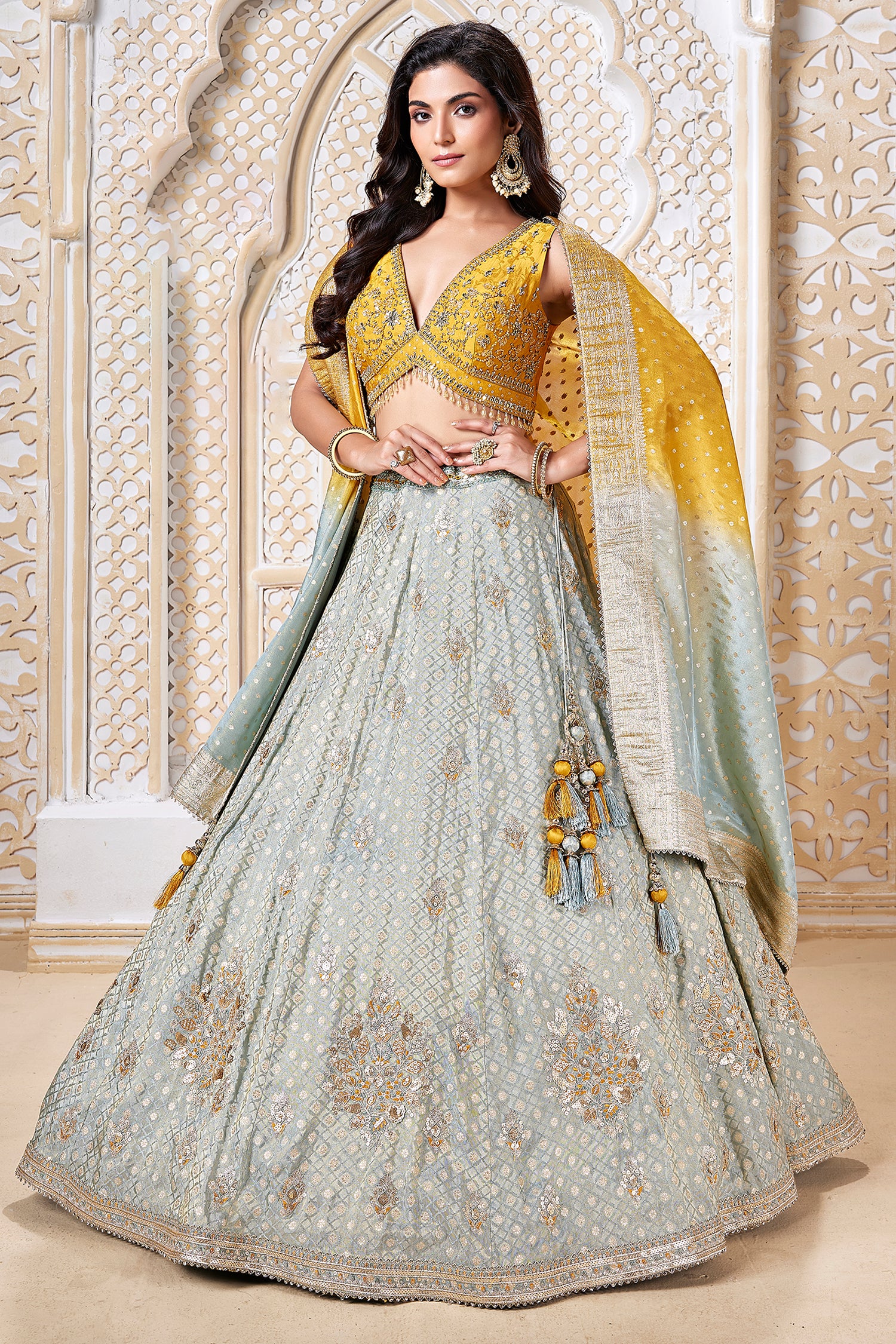Blue Brocade Silk Woven Lehenga with Sequins Work - Image 3