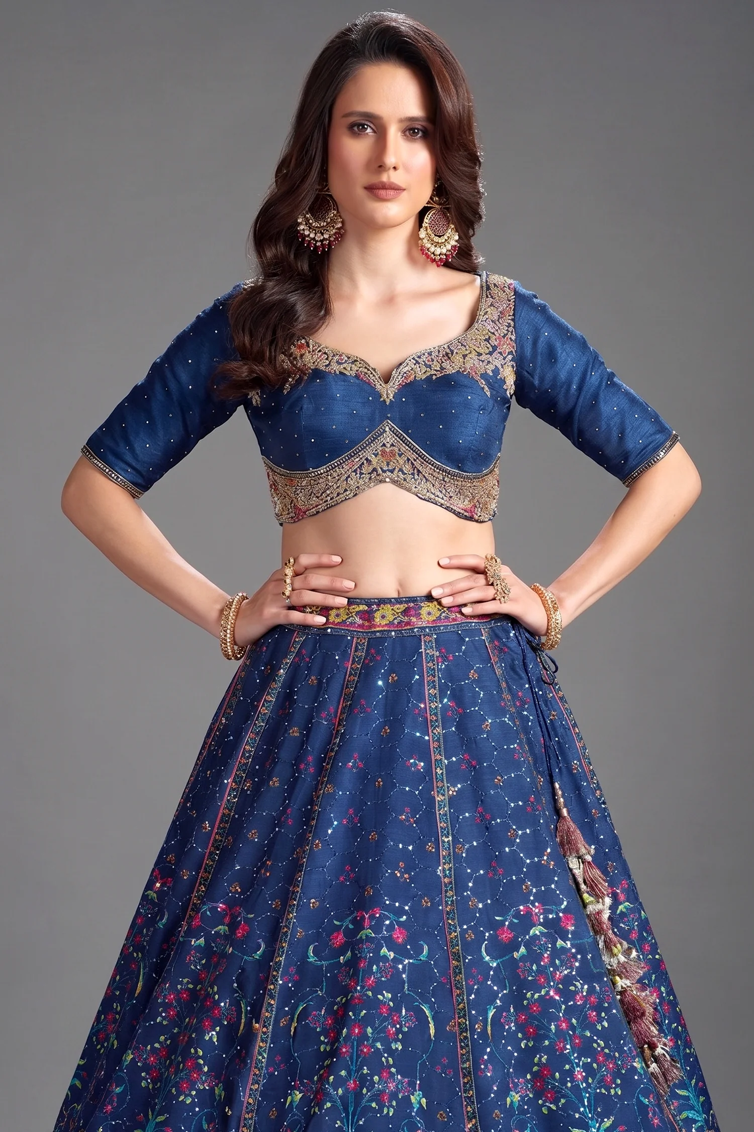 Blue Chiffon Silk Digital Printed Lehenga with Sequins Work - Image 2