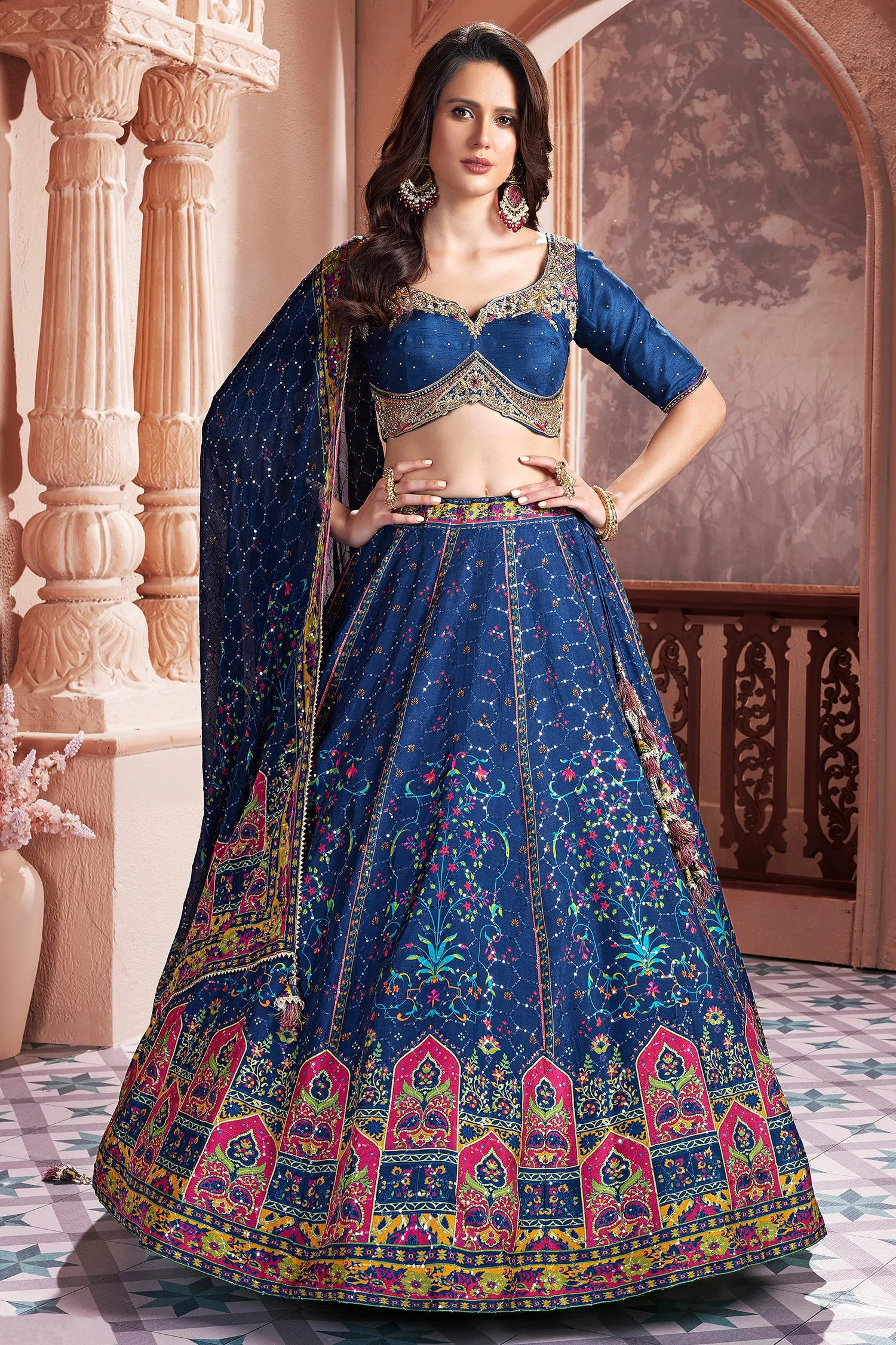 Blue Chiffon Silk Digital Printed Lehenga with Sequins Work - Image 3