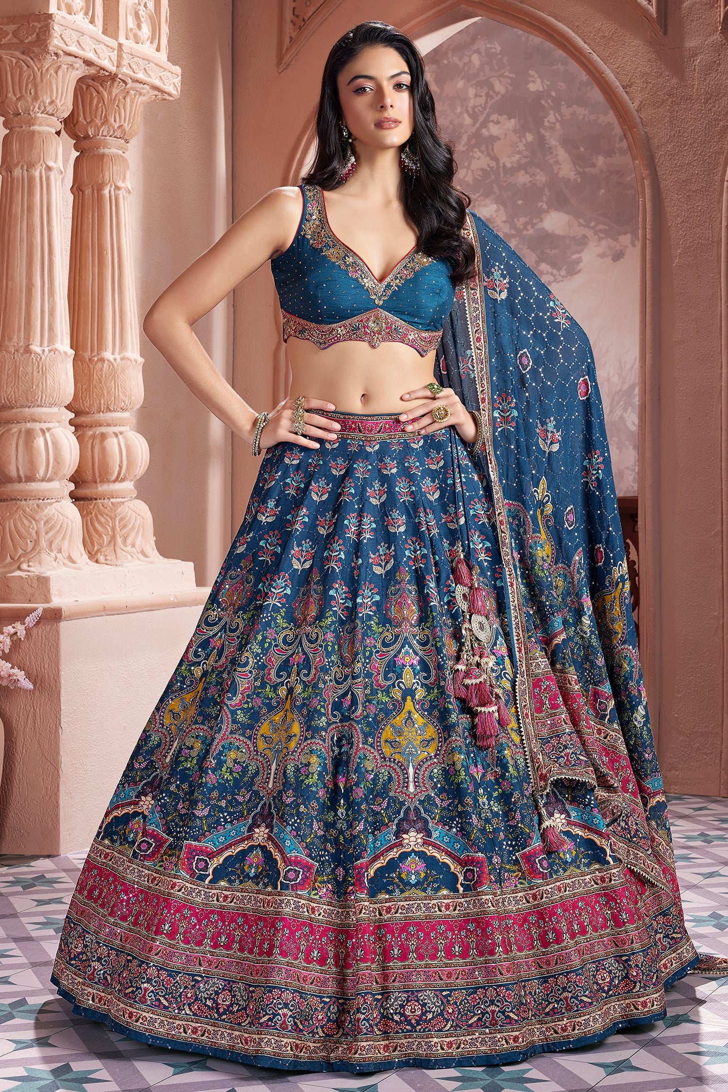Blue Chiffon Silk Printed Lehenga - Image 3