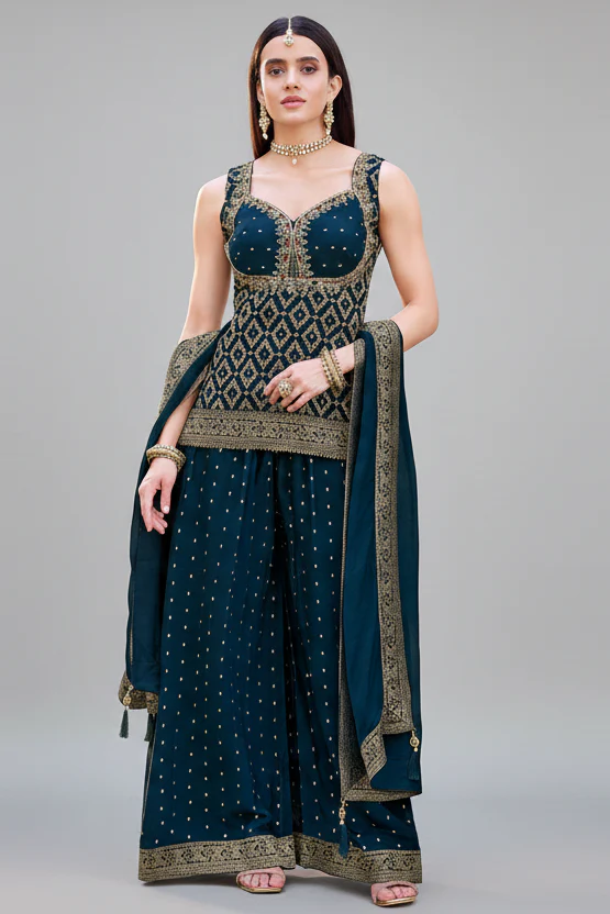 Blue Chinon Art Silk Woven Palazzo Suit